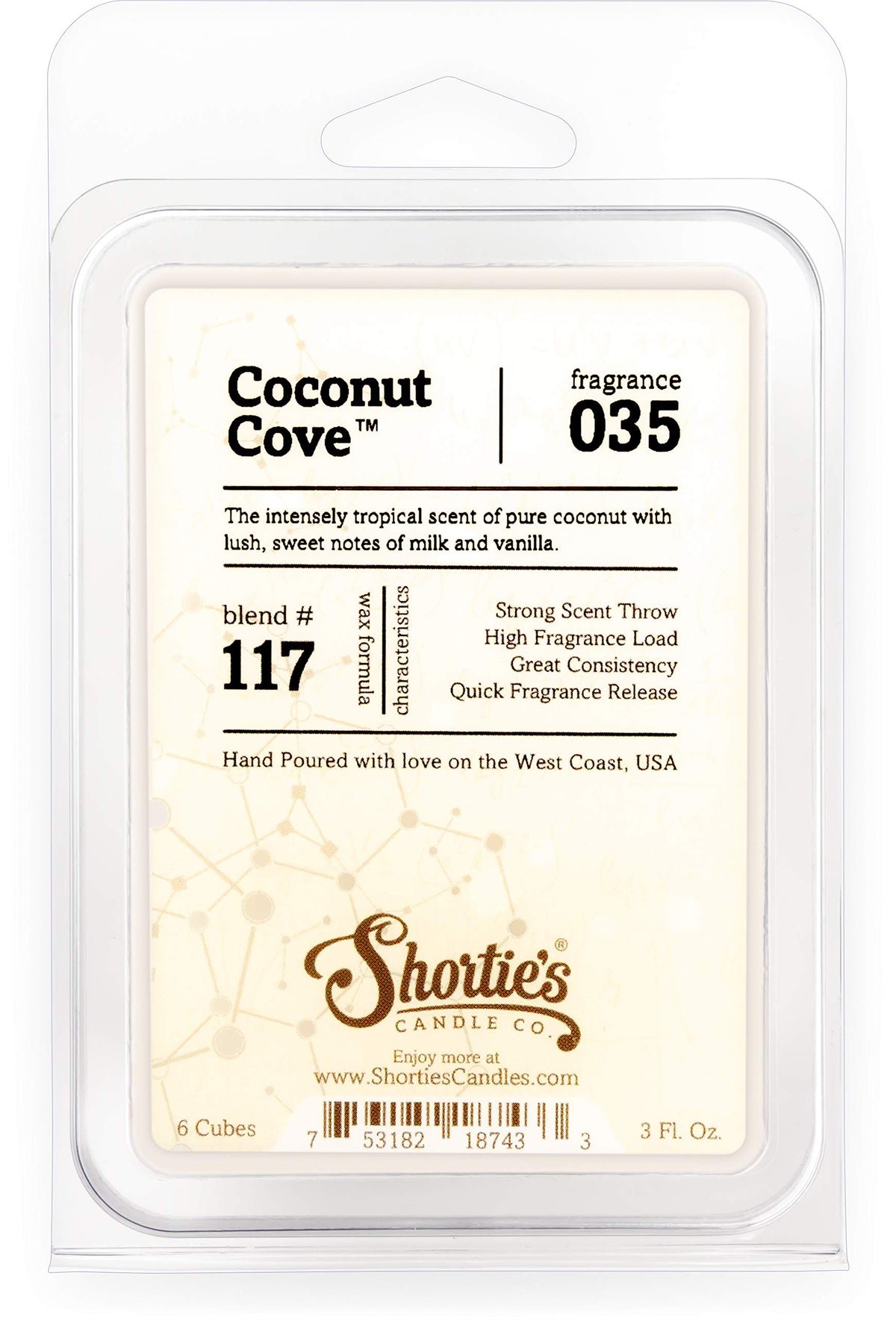 Shortie's Candle Company Coconut Cove Wax Melts - Formula 117-1 Highly Scented 3 Oz. Bar - Made with Natural Oils - Fruit & Berr