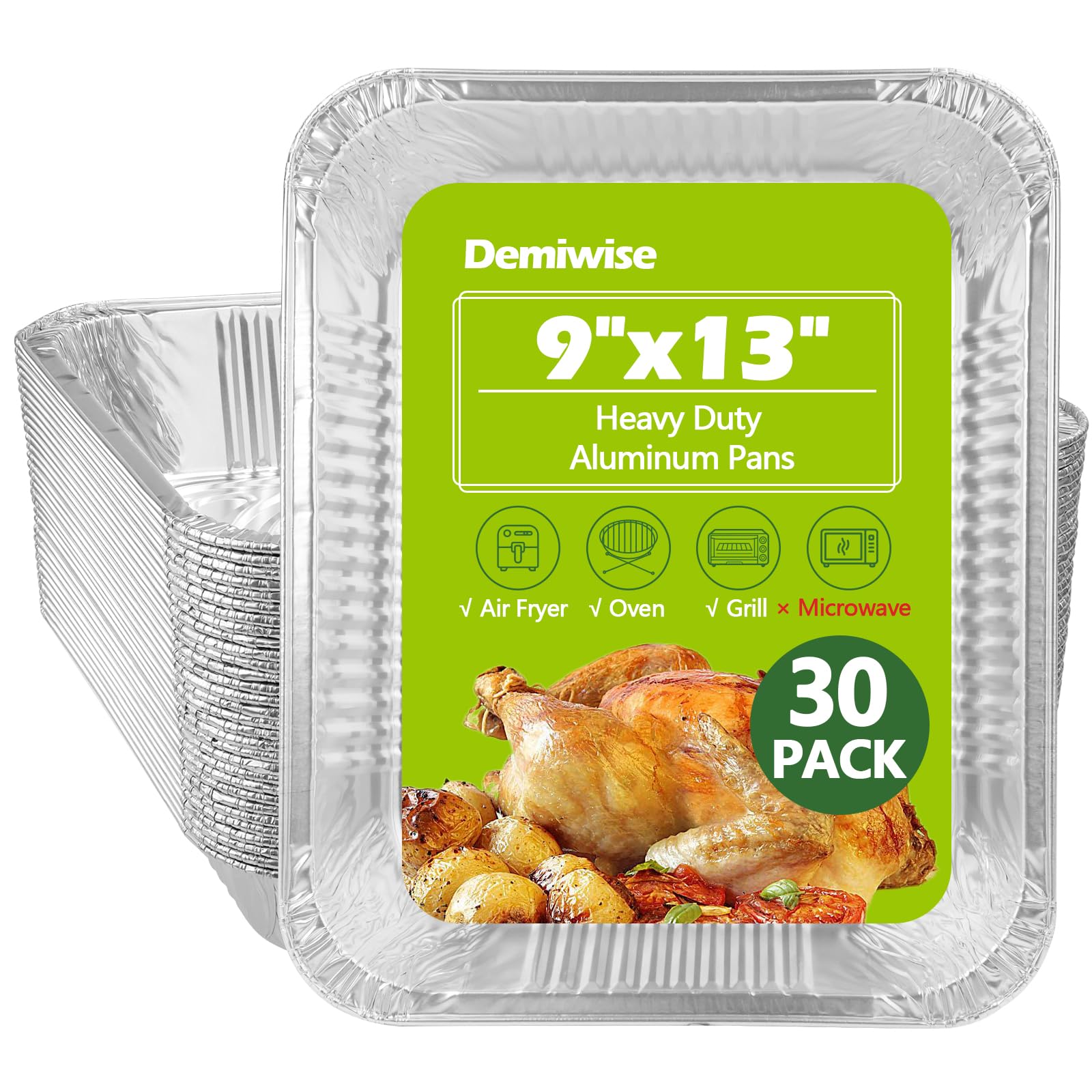 Demiwise Thickened 30 Pack Heavy Duty Aluminum Pans, 9x13 Aluminum Foil Pans Disposable, Half Size Steam Table Foil Baking Tray 