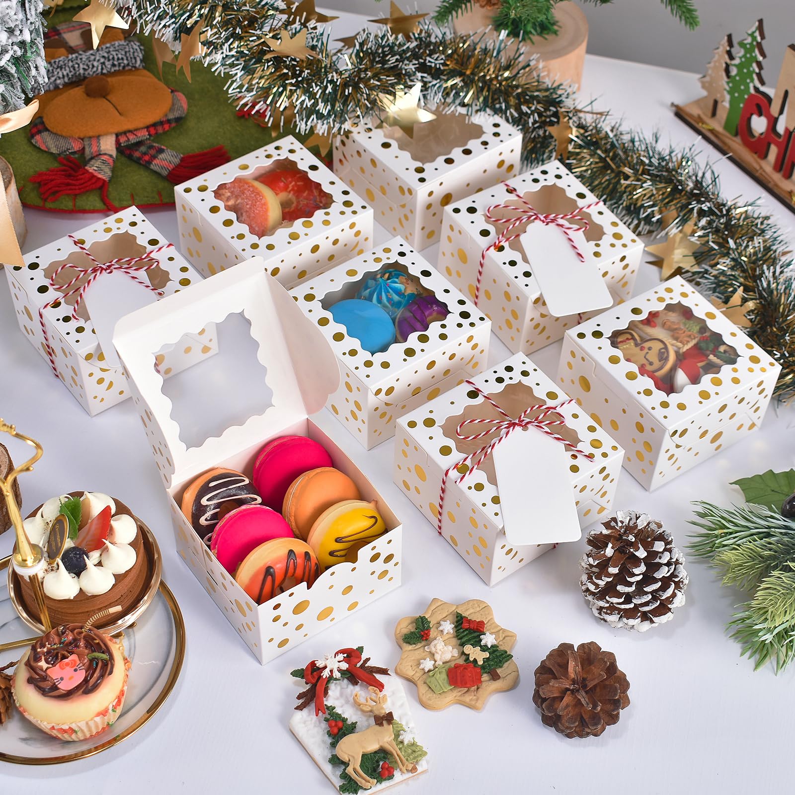 DOYIDE 32Pcs 4x4x2.5 in Christmas Cookie Boxes with Window, White Bakery Boxes for Cookie, Treat Boxes Pastry Boxes for Gift Giv