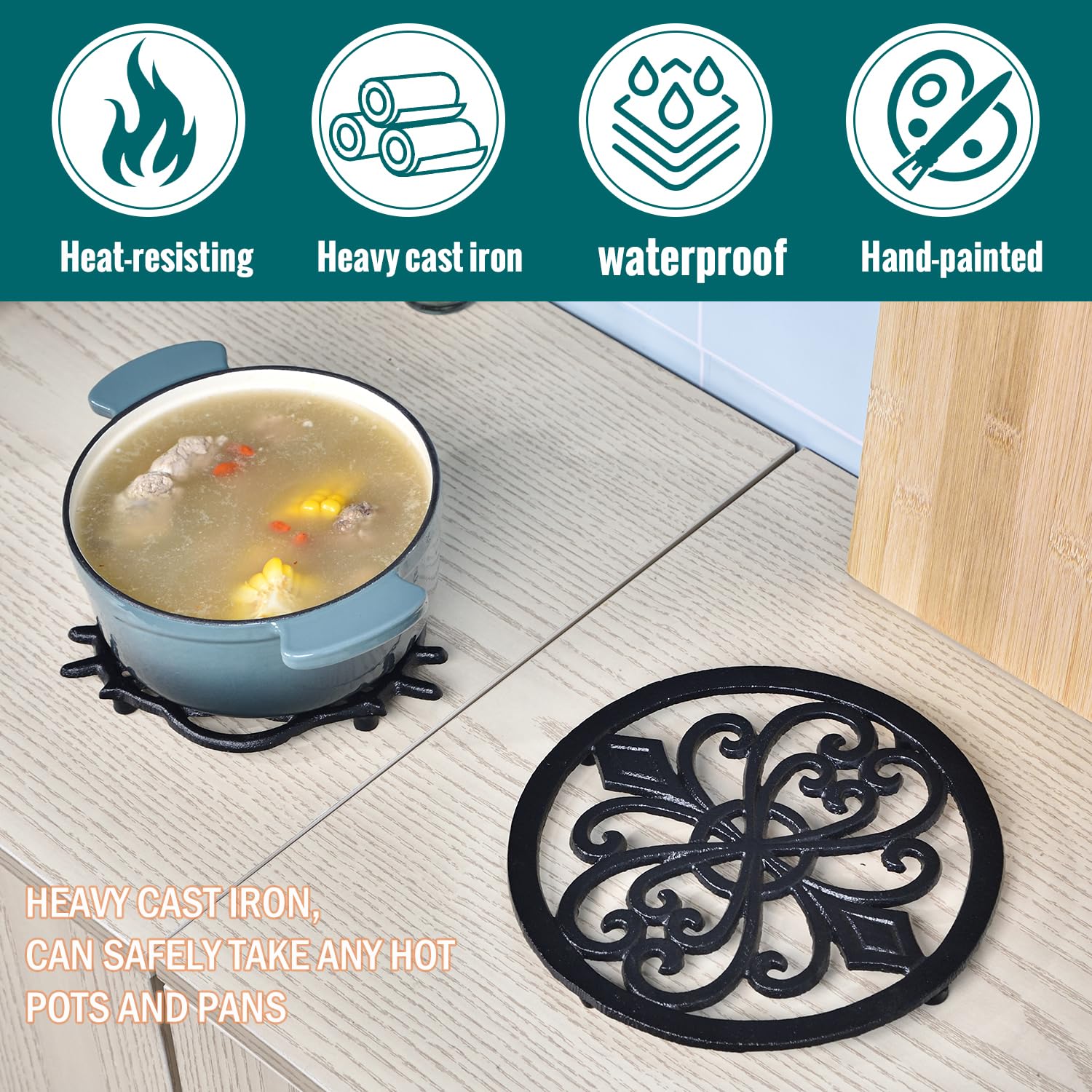 Sungmor Heavy Duty Cast Iron Round Metal Trivet,Rustproof Black Racks Stands Holders For Hot Pans Or Teapot,Kitchen Or Dinning T