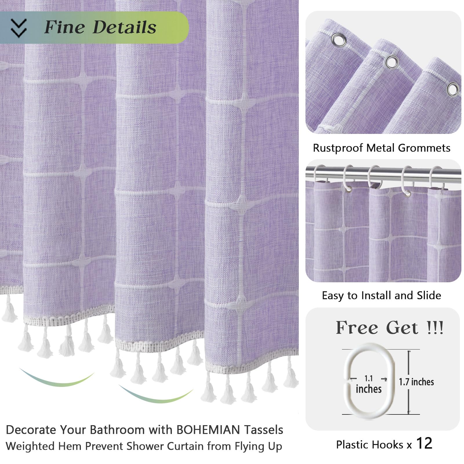 Yuanice Extra Long Bath Fabric Curtain - 84 Inches Lavender Boho Linen Rustic Heavy Duty Tassel Shower Curtain, Large Modern Lux