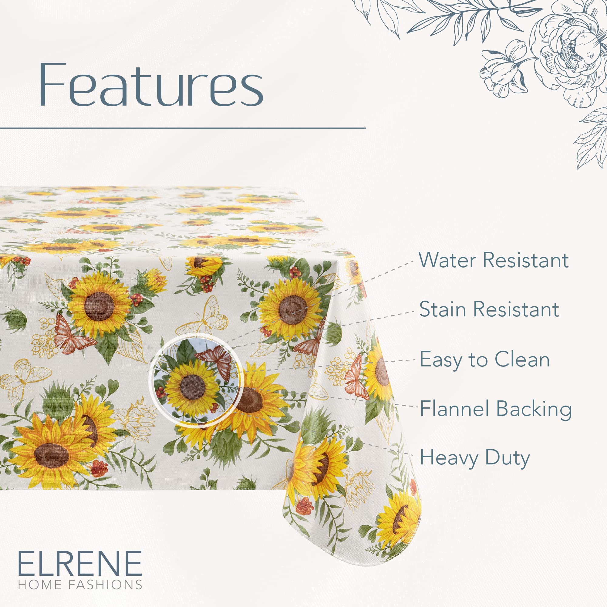 Elrene Home Fashions Sunflower Season Vintage Floral Water- And Stain-Resistant Vinyl Tablecloth With Flannel Backing, 52 Inches