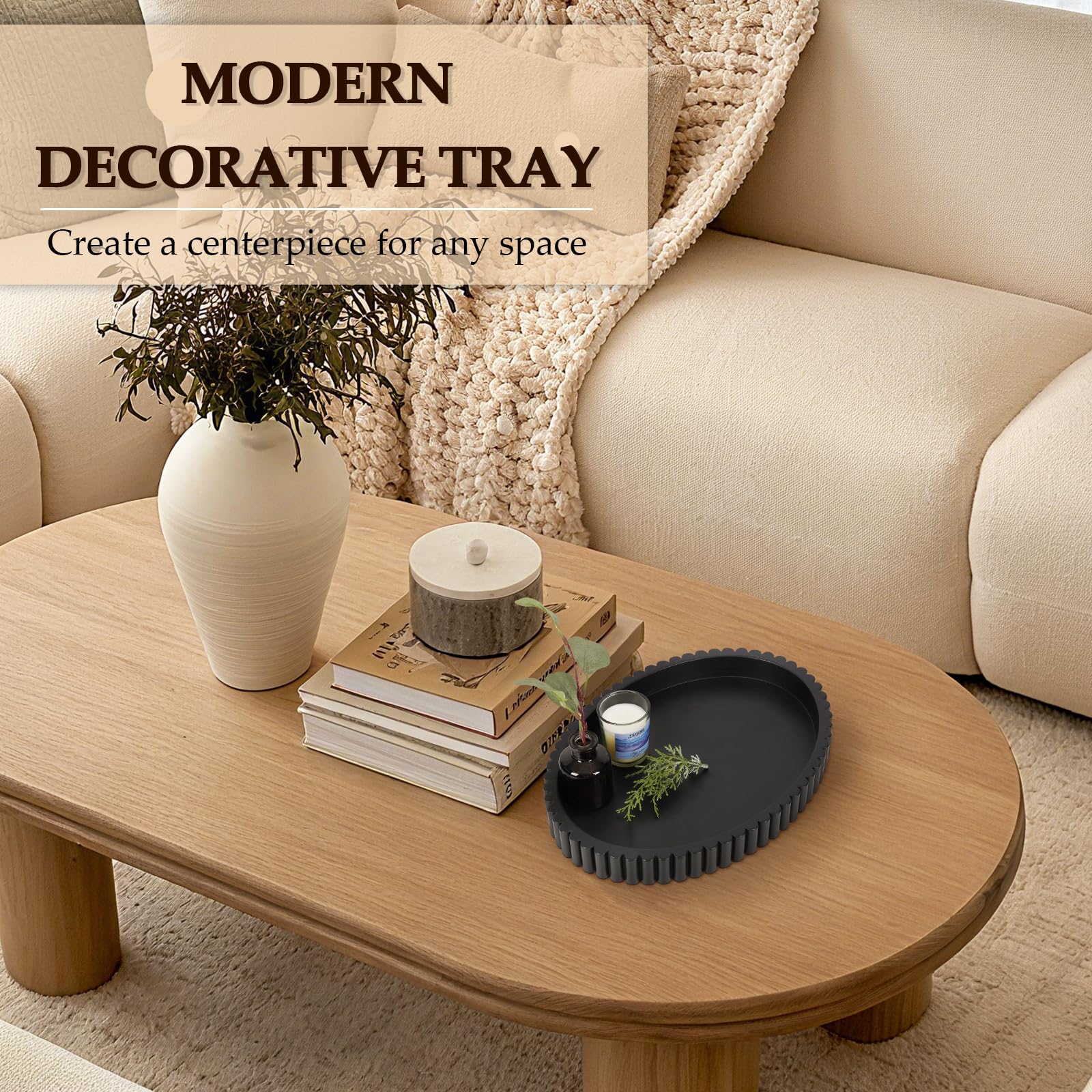 Cathyeen Oval Tray for Coffee Table Decor, 15 Concrete Tray, Table Centerpieces Decorative Trays for Home Decor, Modern Decorati