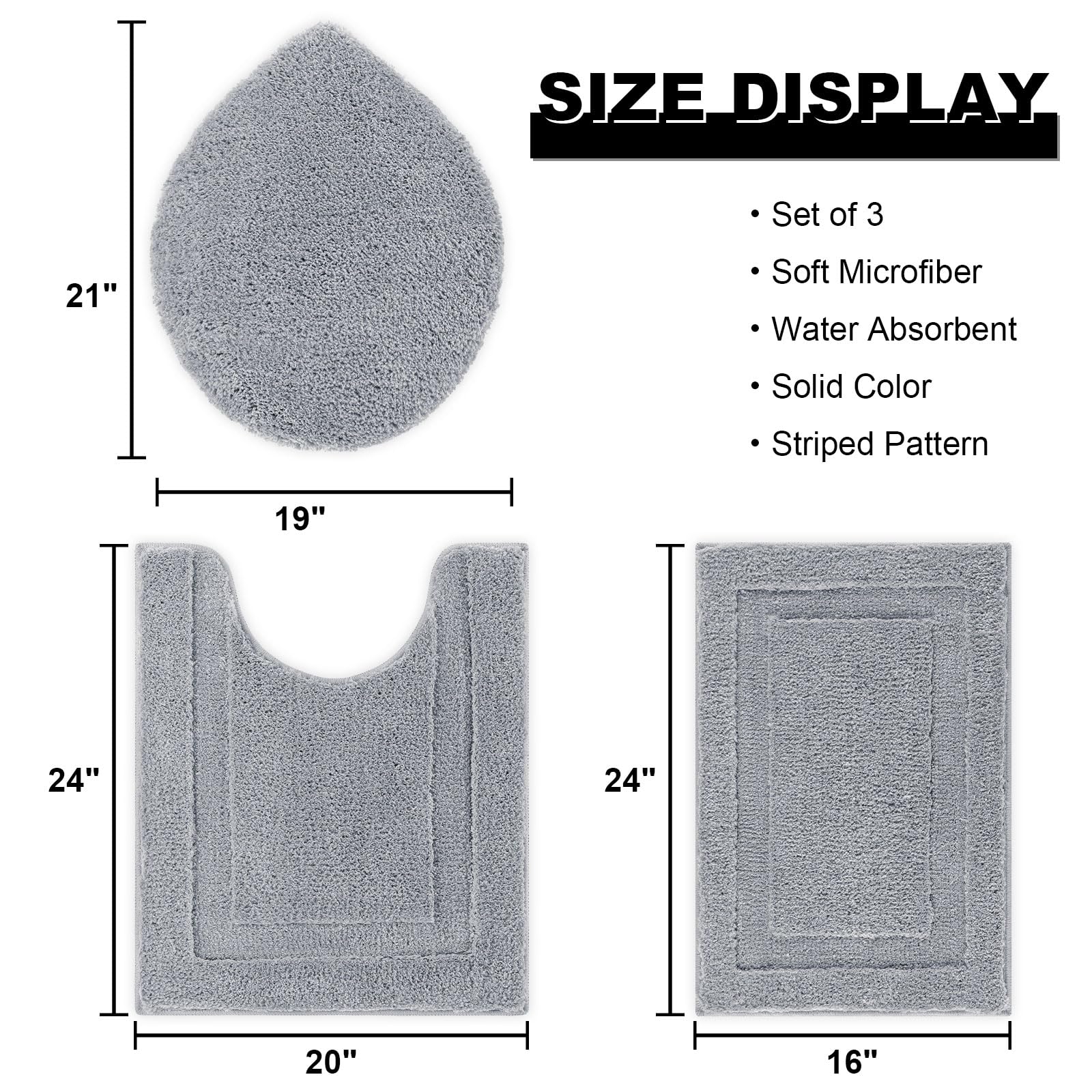 Shacos Micorfiber Bathroom Rugs Set Of 3 Pieces Small Bath Mats 16''X24'' Toilet Lid Cover U Shaped Toilet Rug Set Fluffy Plush