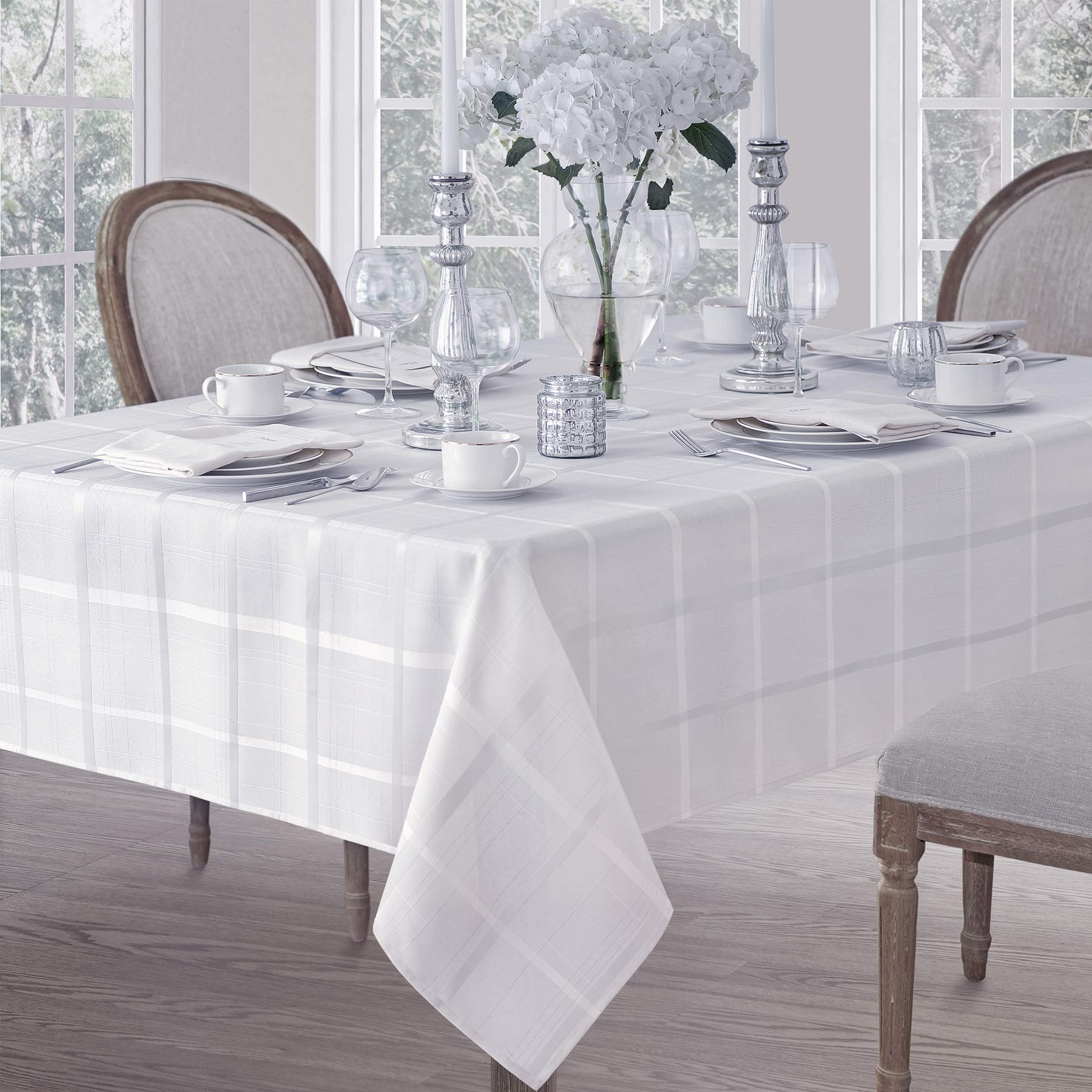Newbridge Elegance Plaid No-Iron Soil Resistant Fabric Woven Tablecloth - 60 X 84 Oblong - White