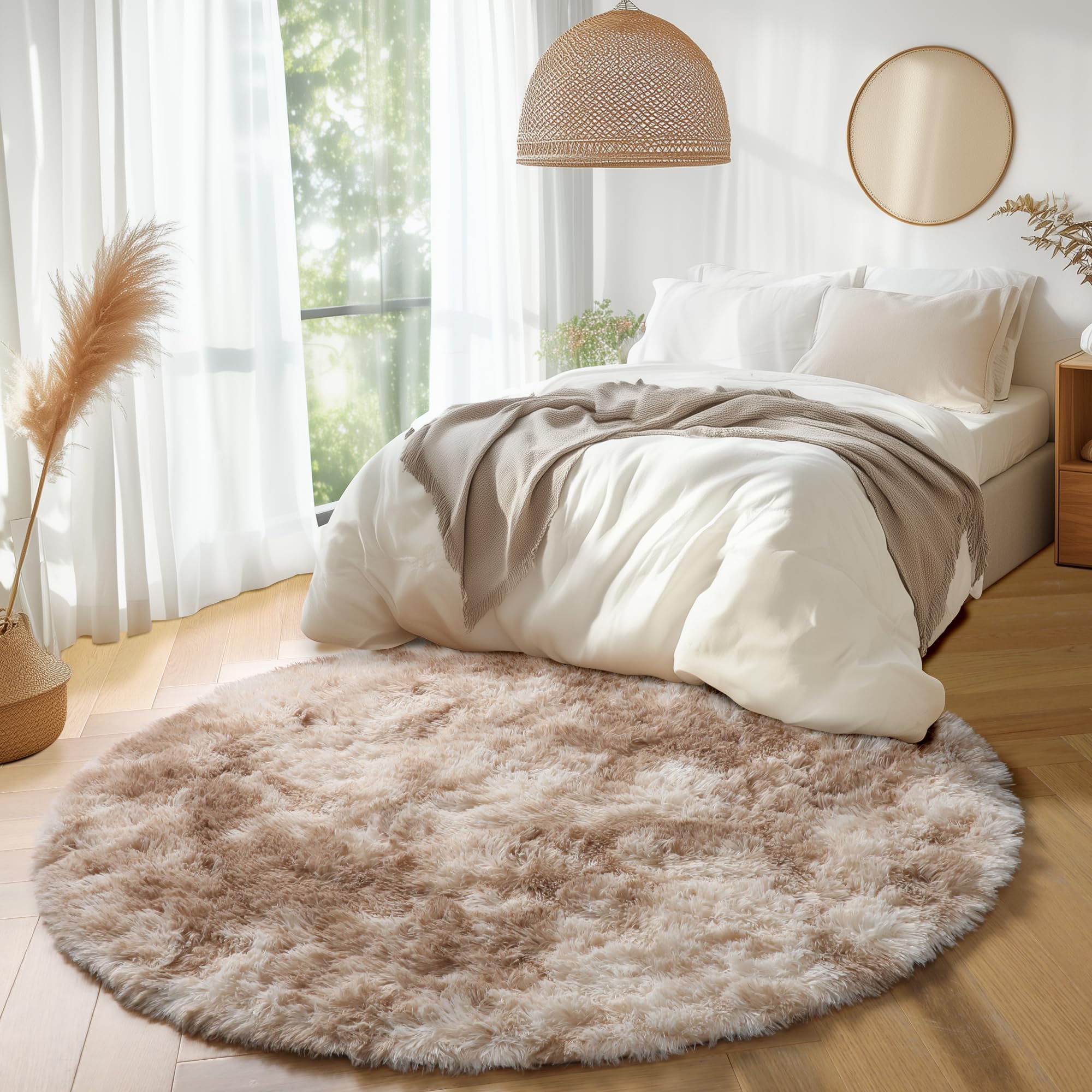 Amdrebio Tie-Dyed Beige Tan Round Circle Area Rug 5Ft for Bedroom, Fluffy Plush Shag Furry Rugs for Kids Room, Living Room Decor