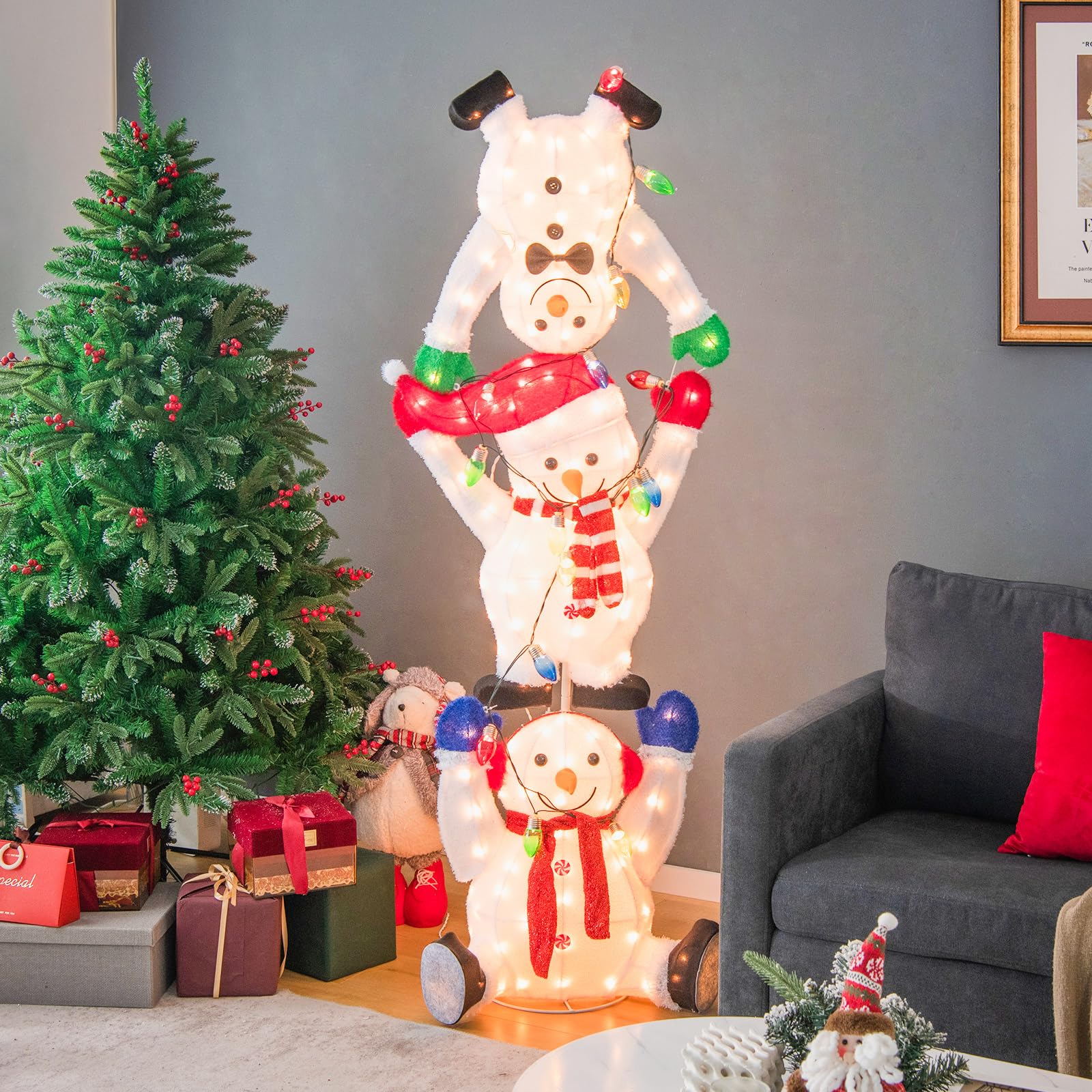 Tangkula 5.6 FT Lighted Christmas Stacked Snowmans Decoration, Pre-Lit Snowman Ornament with LED Lights, Light String, Outside X