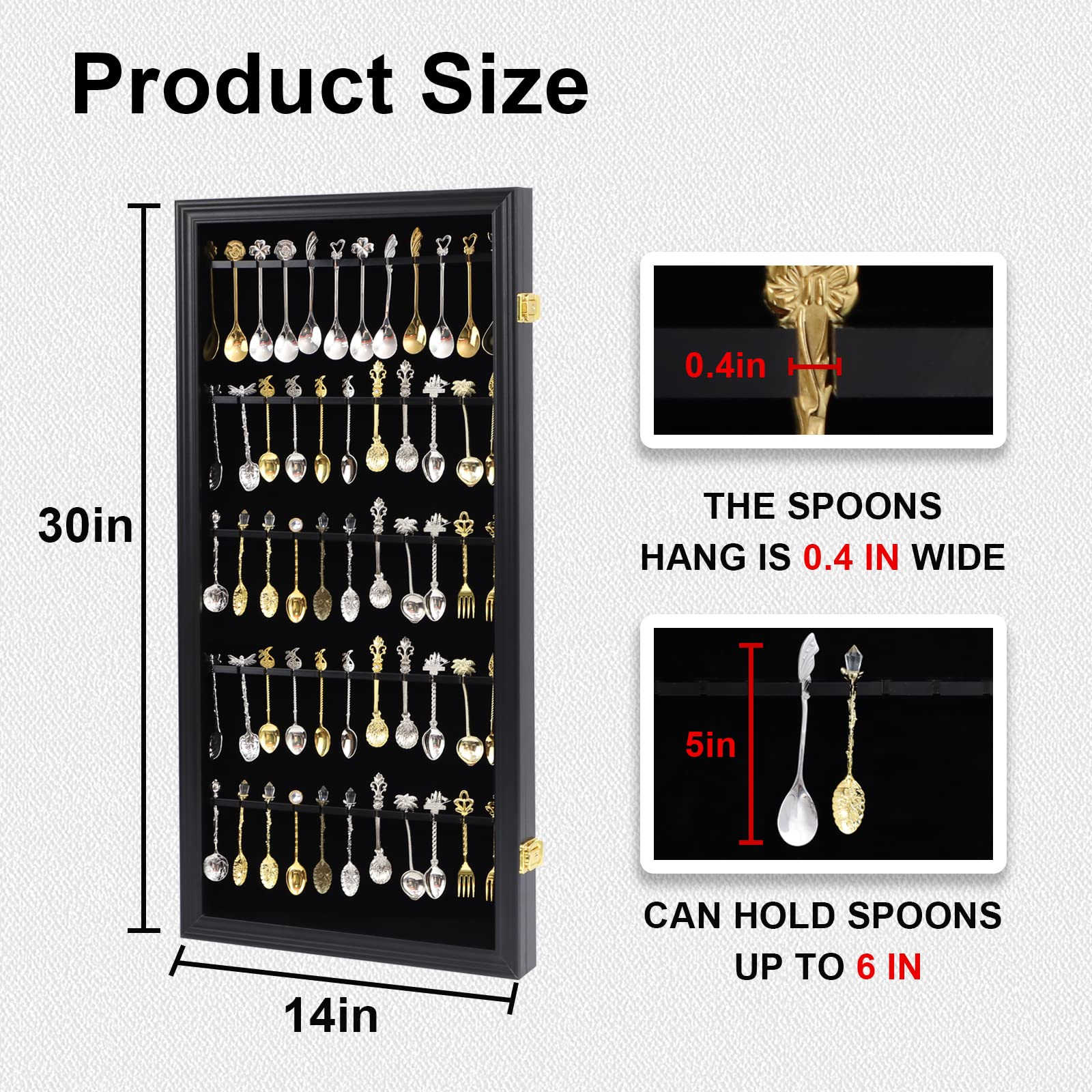 Comsrev 60 Souvenir Tea Spoon Display Case Collection Collector Rack Wall Mount Wooden W/98% Uv Acrylic Door Lockable(Black)