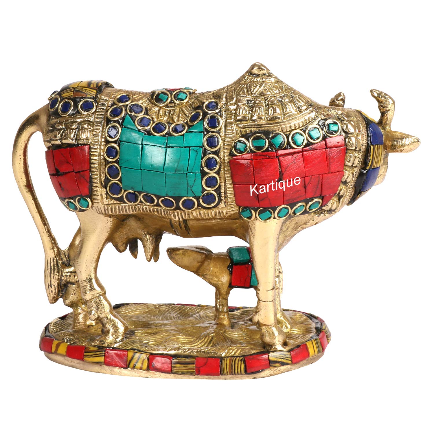 Kartique Brass Murti Kamdhenu Holy Cow and Calf Gau MATA Kamadhenu Surabhi for Home Decor Vastu Feng Shui Good Luck Statue Multi