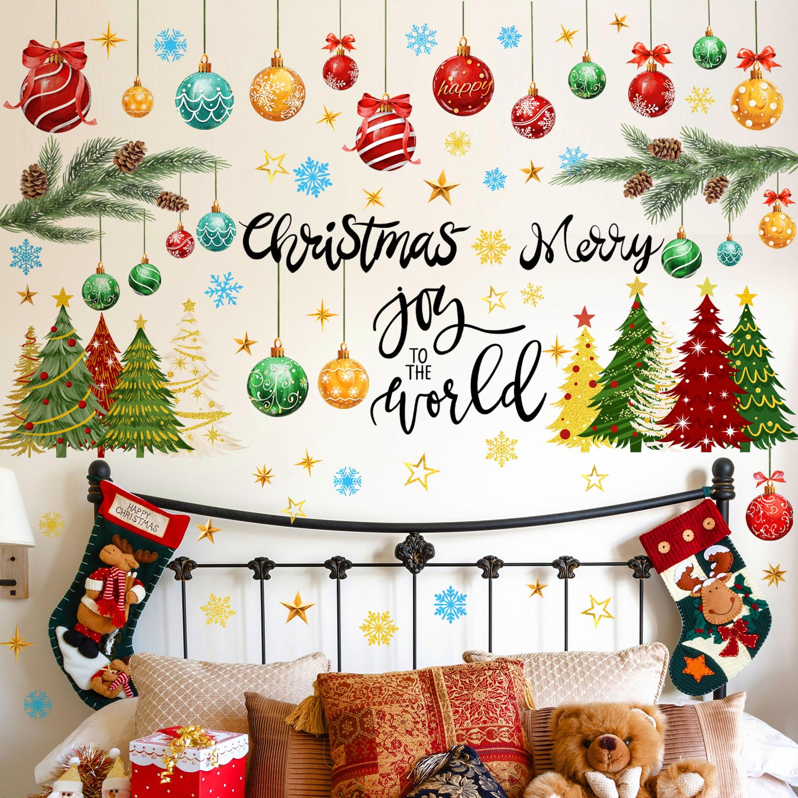 Chivertion 6 Sheets Vintage Christmas Wall Sticker, Oil Painting Xmas Tree Ball Pine Needle Decals, Winter Snowflake Stickers fo