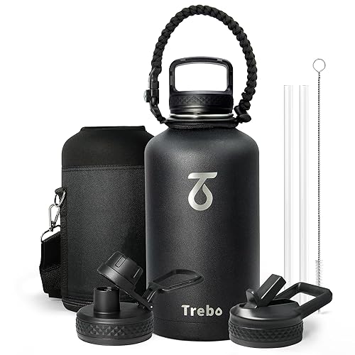 Trebo Half Gallon Water Bottle with Paracord Handle 64oz Wide Mouth Insulated Double Wall Stainless Steel Large Sports Flask Keep Hot 24 Hours & Cold 48 Hours Water Jug with 3 Lids  Black