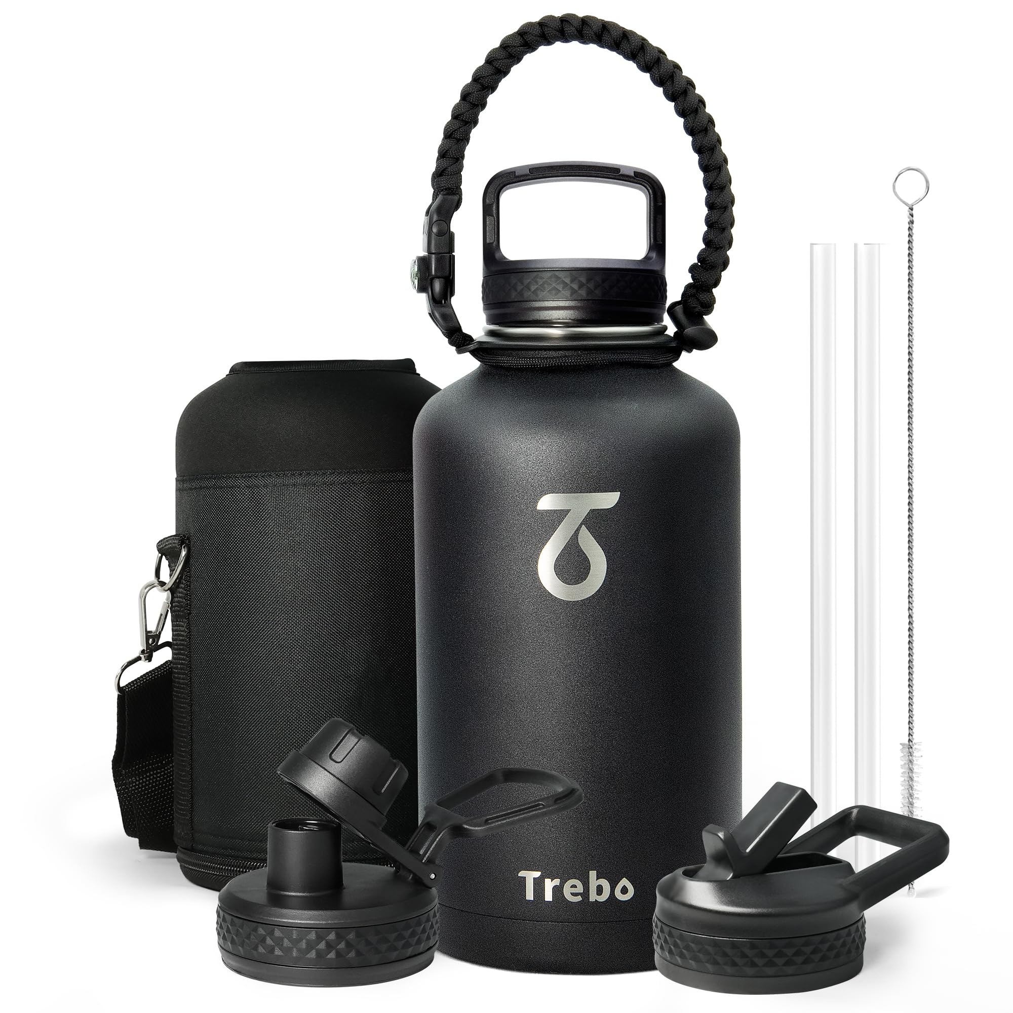 Trebo Half Gallon Water Bottle with Paracord Handle 64oz Wide Mouth Insulated Double Wall Stainless Steel Large Sports Flask Keep Hot 24 Hours & Cold 48 Hours Water Jug with 3 Lids  Black