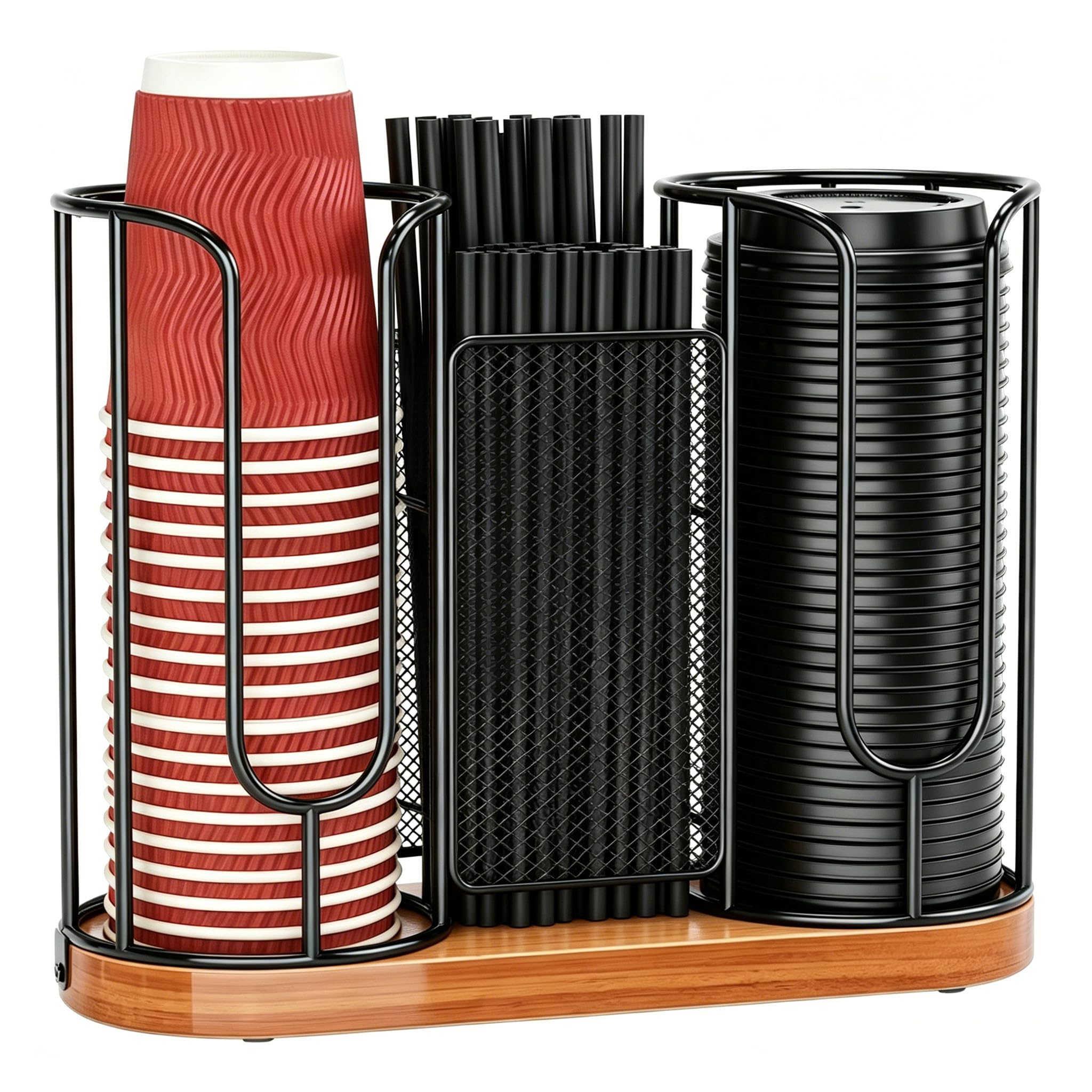 Coffee Cup and Lids Holder, Disposable Paper Cup Organizer with Wooden Base, 3Compartment Plastic Cups Straws Dispenser Storage