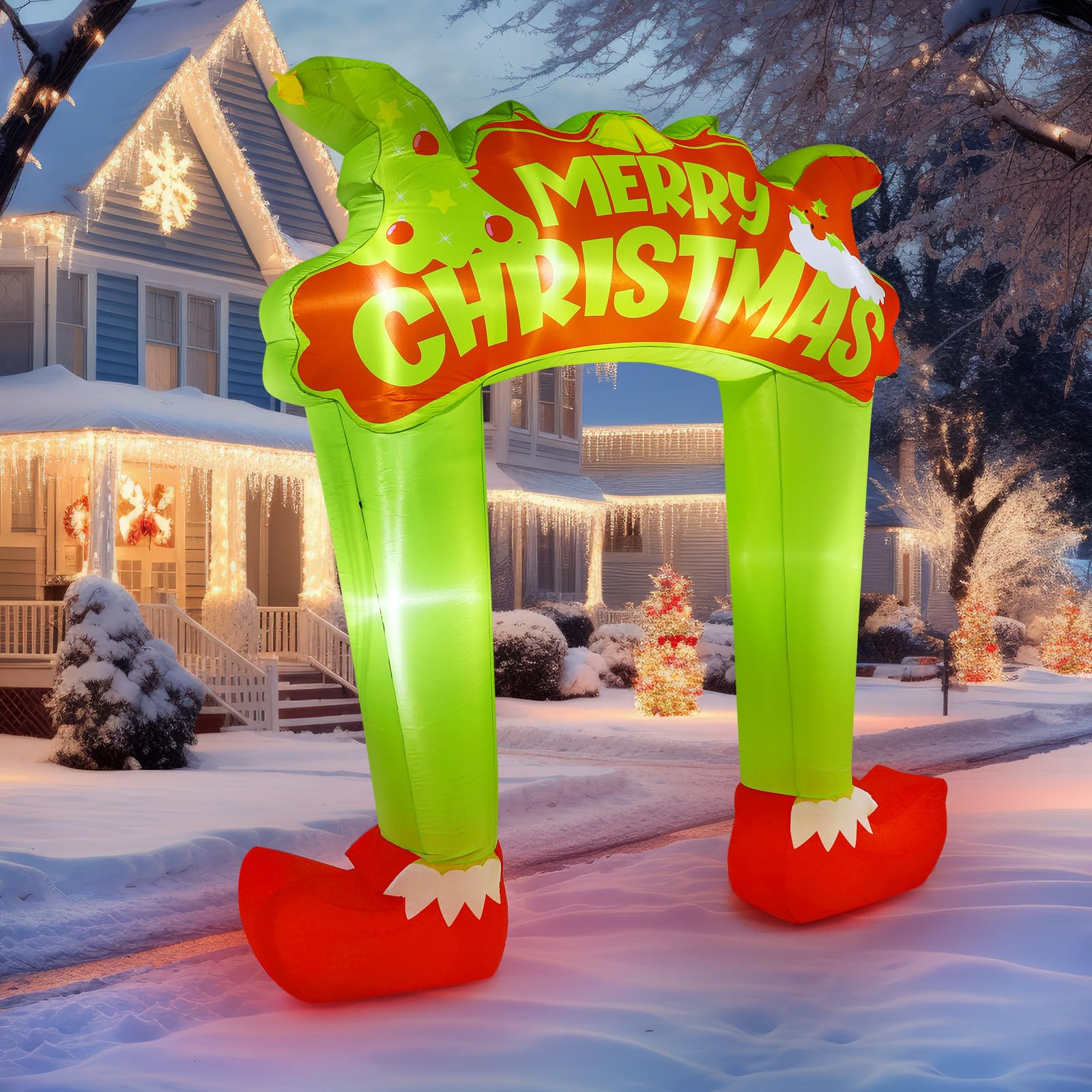 Lenwen 10 ft Christmas Green Furred Troublemaker Inflatable Arch Decoration Xmas Green Big Monster Leg Inflatables Archway with