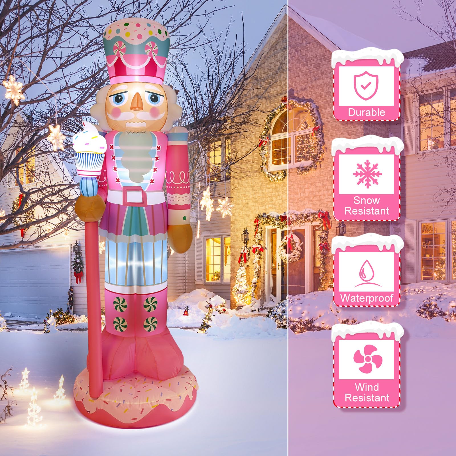 Geyoga 8FT Christmas Inflatable Outdoor Decoration Pink Nutcracker Hold Cake Cane Blow Up with LED Lights Inflatable Nutcracker
