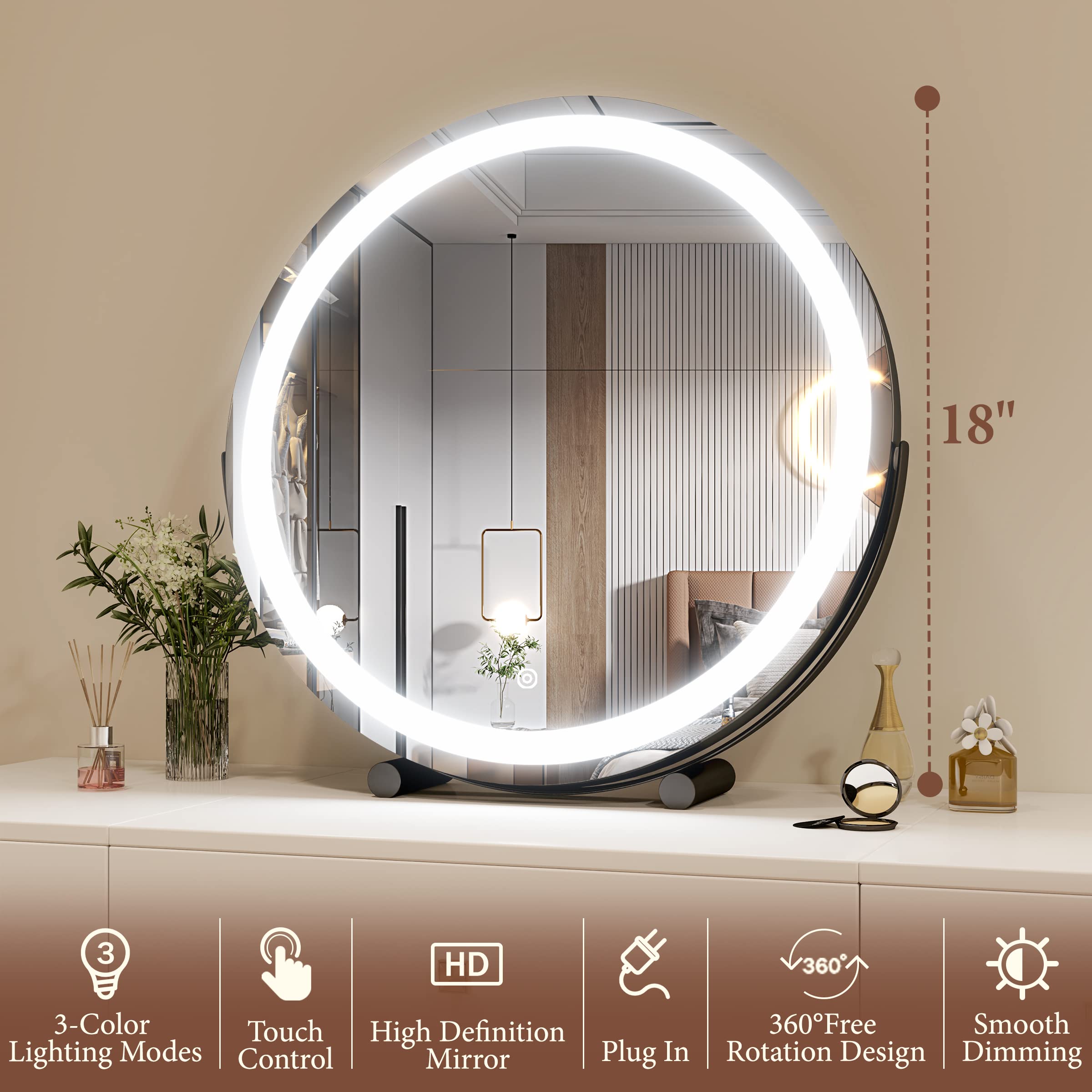 FENNIO 18 inch Large Vanity Mirror with Lights, Round LED Lighted Up Makeup Mirror, Large Makeup Mirror with Lights, Touch Scree