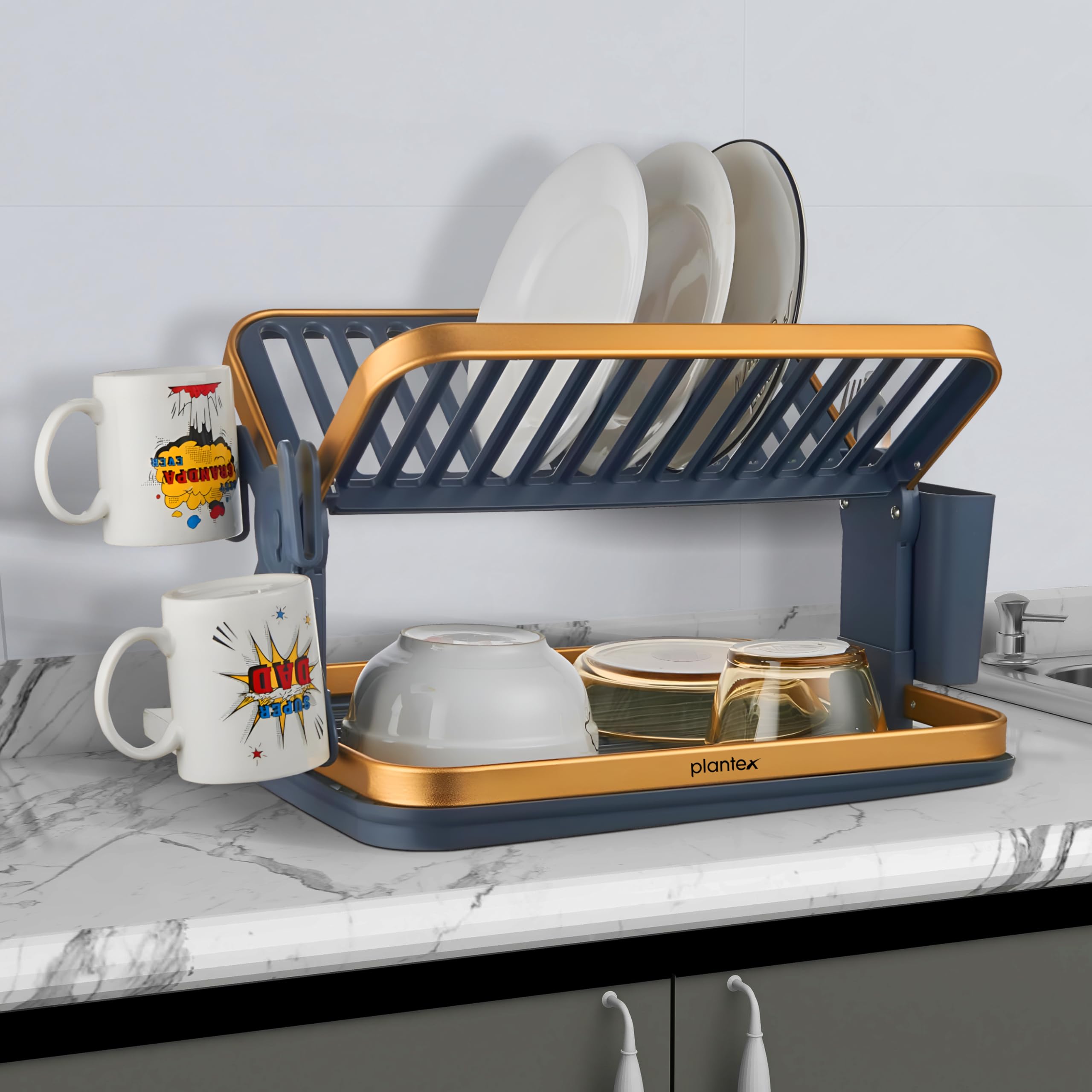 Plantex Kitchen Storage Rack/Aluminium Fold Flat Dish Drying Rack With Drainboard/2Tier Kitchen Organiser Rack  (Gold & Grey)