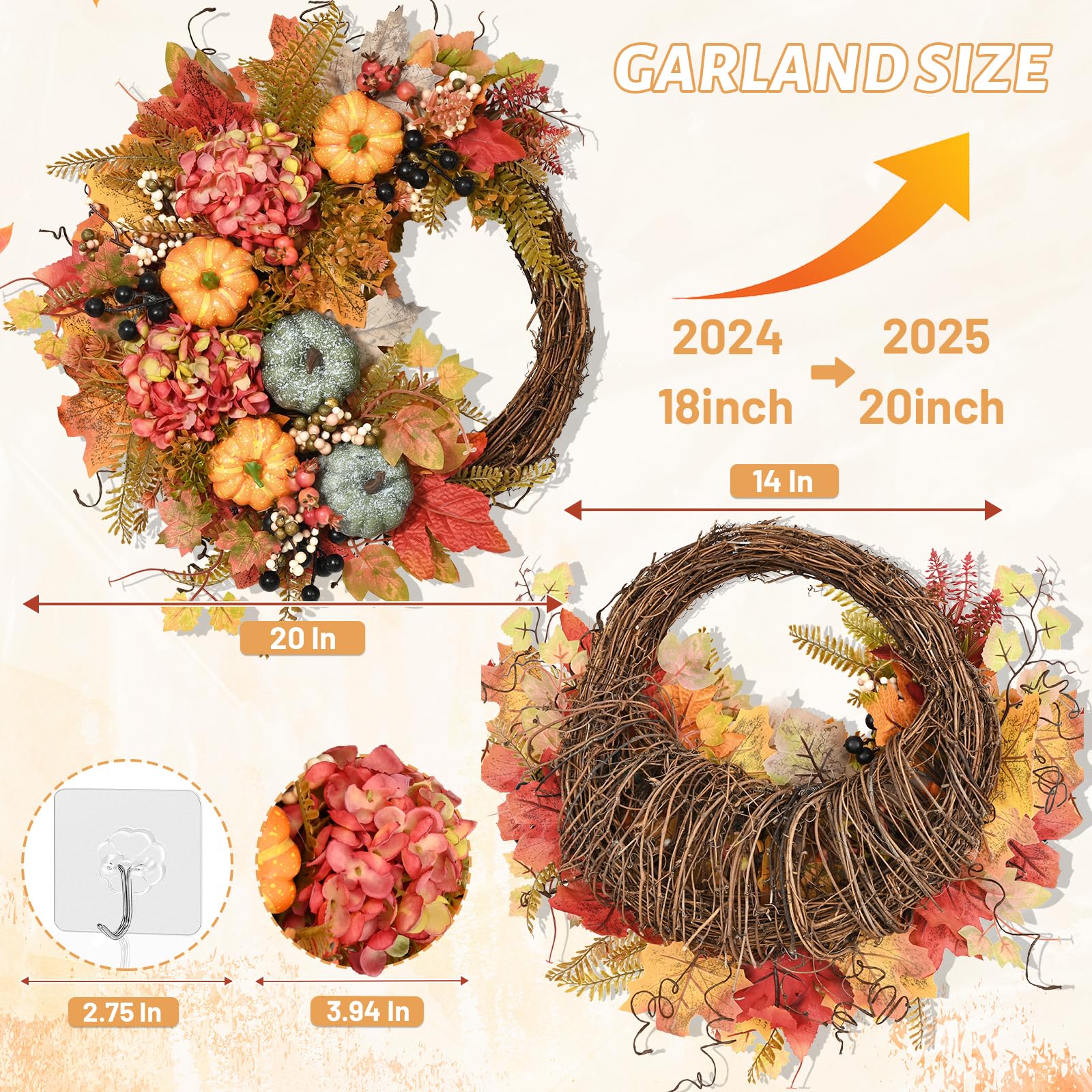 20 Inch Fall Wreaths for Front Door - Half-Circle Autumn Wreath, Porch Wall Window Home Decor - Thanksgiving Farmhouse Style