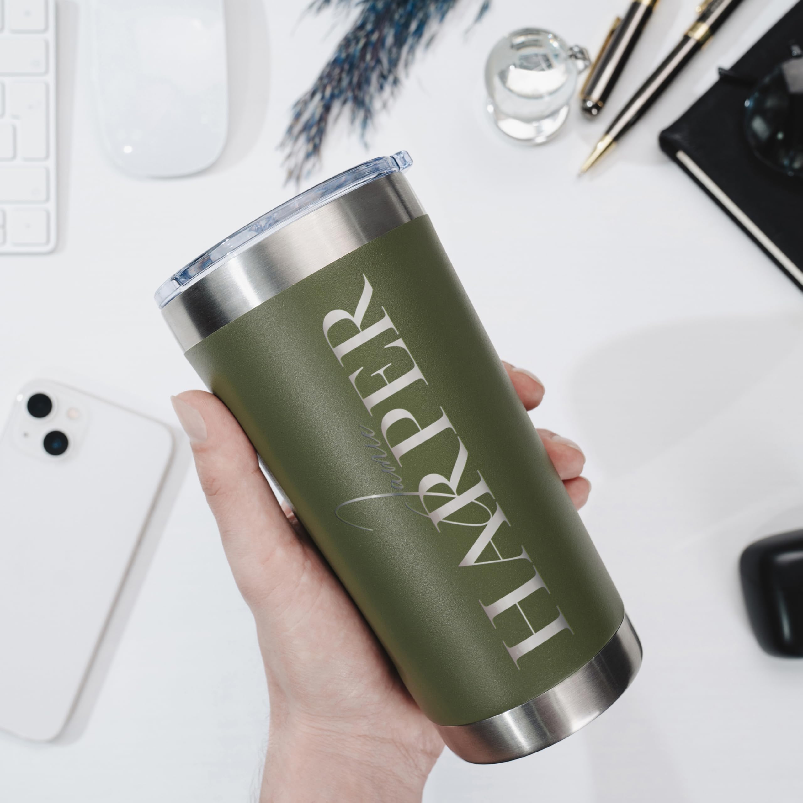 Personalized Tumbler With Engraved Name - 12 Designs, 30 Oz Coffee Tumbler With Slider Lid, Army Green, Double Wall Insulated -