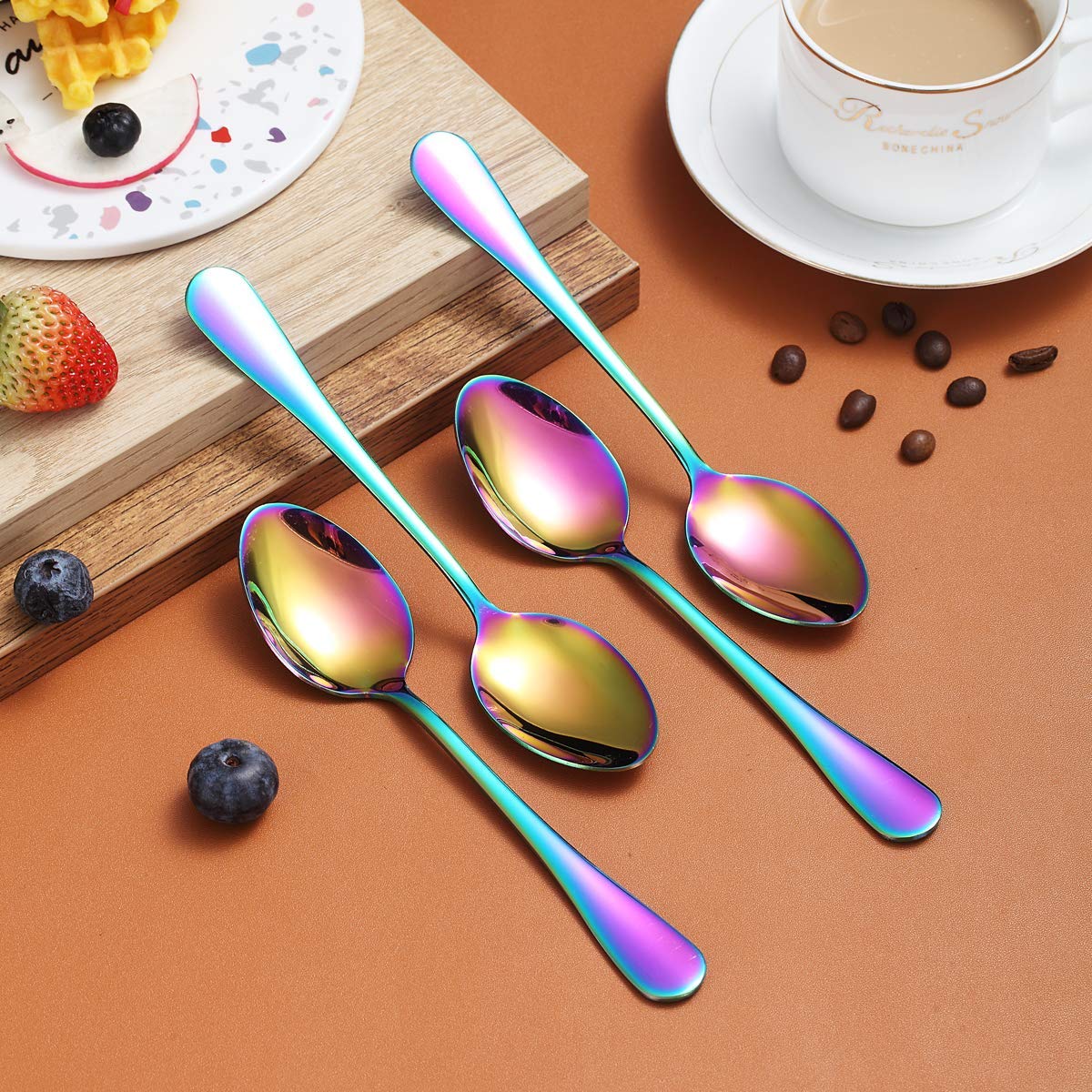 Rainbow Teaspoons 6.5'' Set Of 4, Berglander Stainless Steel Titanium Plating Shiny Mutil-Color Tea Spoons Silverware, Colorful