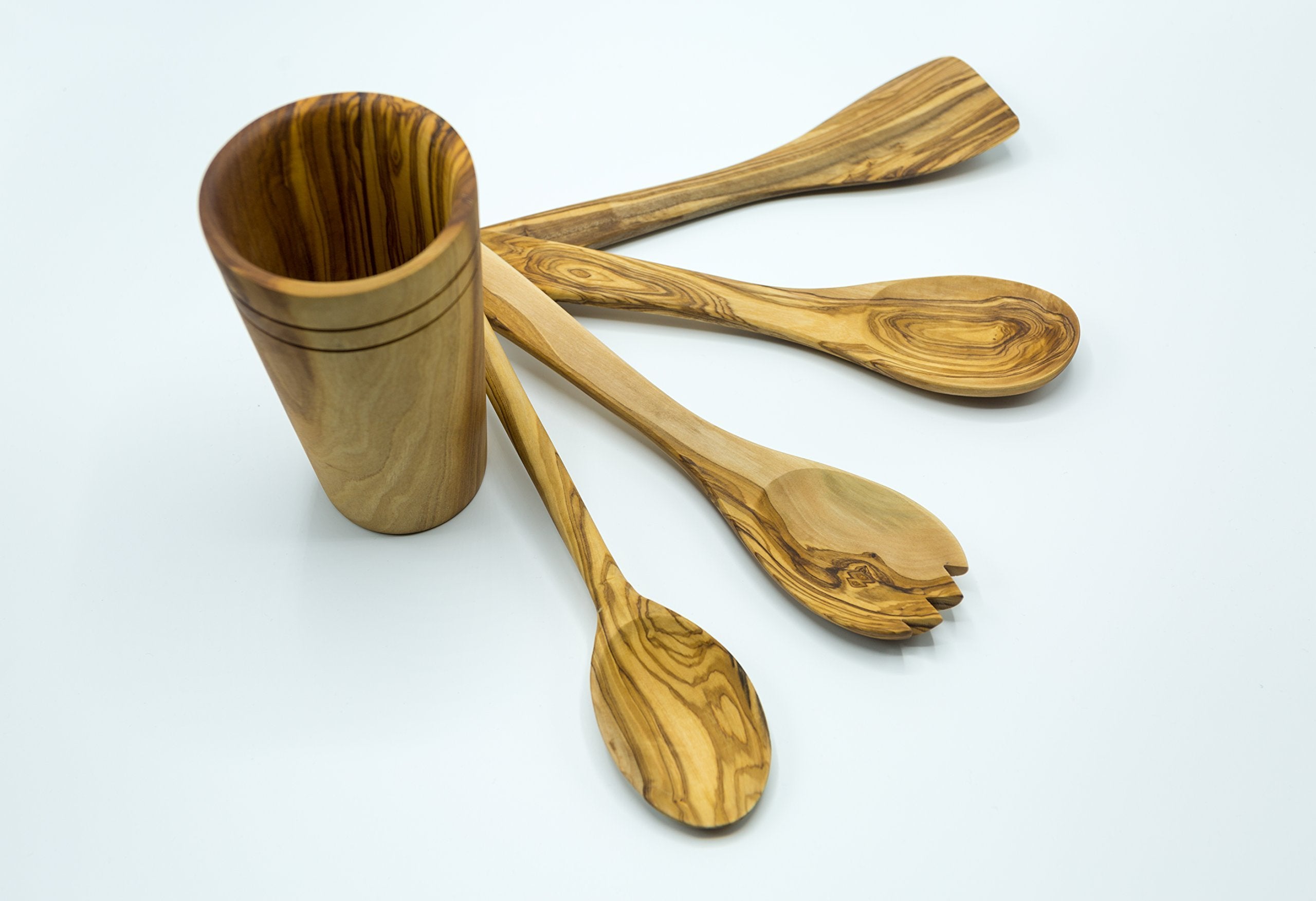 Olive Wood 5-Piece Wooden Cooking Utensil Set - Includes Holder With Spatula, Cooking/Mixing Spoon, Salad Spoon And Fork - Handc