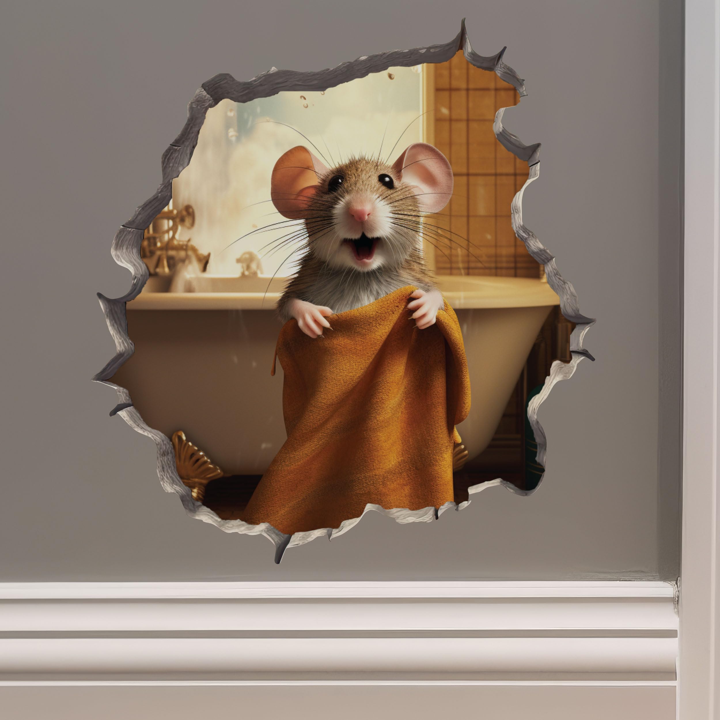 Bathroom Towel Mouse Wall Hole Decal - Wall Sticker With 3D Effect - Fun Gift Idea