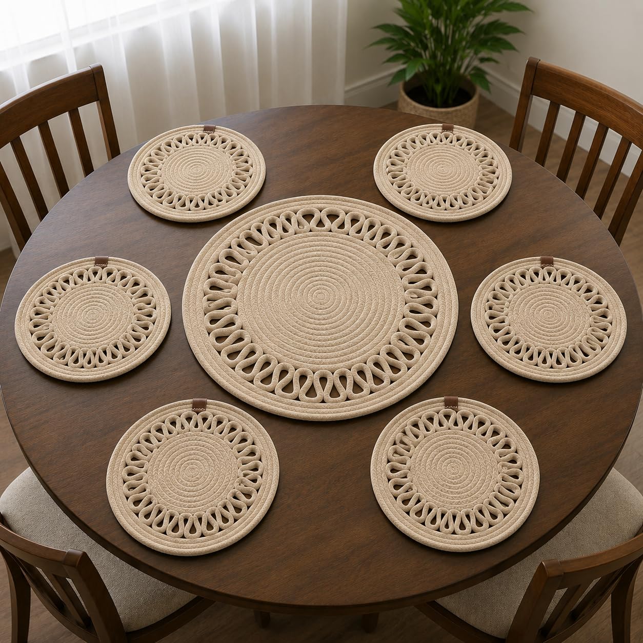 Round Braided Cotton Rope Placemat & Centerpiece Set (Set of 7)