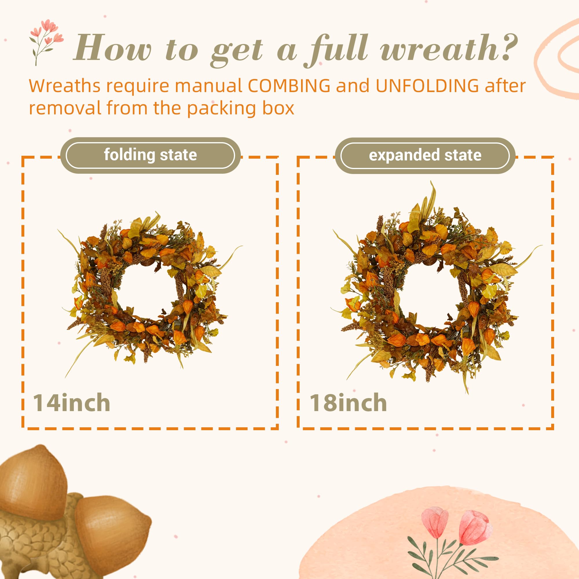 YNYLCHMX 18 Fall Wreaths for Front Door, Artificial Autumn Wreath, Fall Wreath with Eucalyptus Leaves and Berries for Home Porch