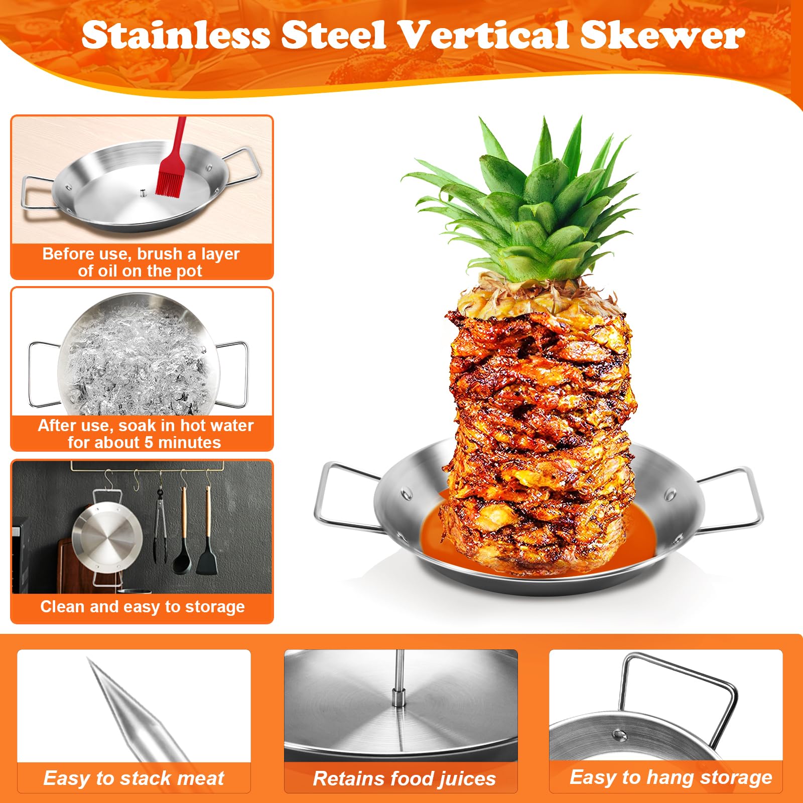 Al Pastor Skewer For Grill, Shawarma Skewer Stand, Stainless Steel Vertical Skewer, Brazilian Vertical Spit With 3 Removable Spi