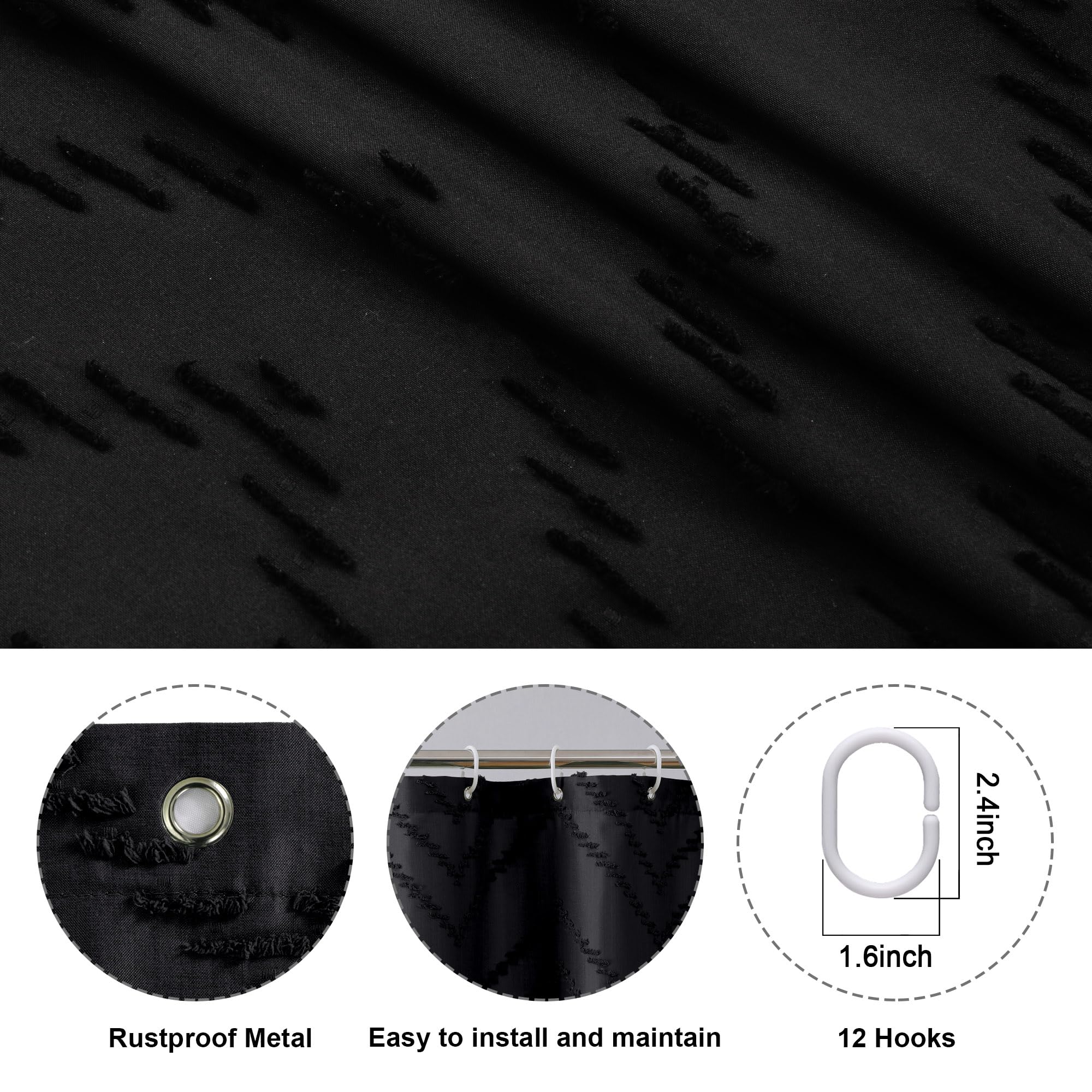 Chyhomenyc Chevron Black Shower Curtain Set 72X72 Inches With 12 Shower Curtain Hooks, Fabric Shower Curtain Farmhouse Chic Text