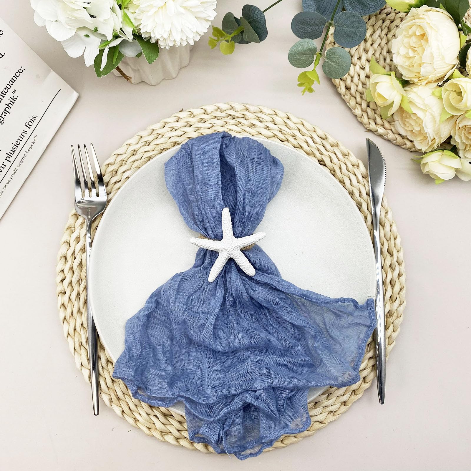 Wingfish Starfish Napkin Rings Set Of 12 White Sea Star Napkin Rings Bulk For Coastal Beach Dinning Table Decoration, Cute Napki