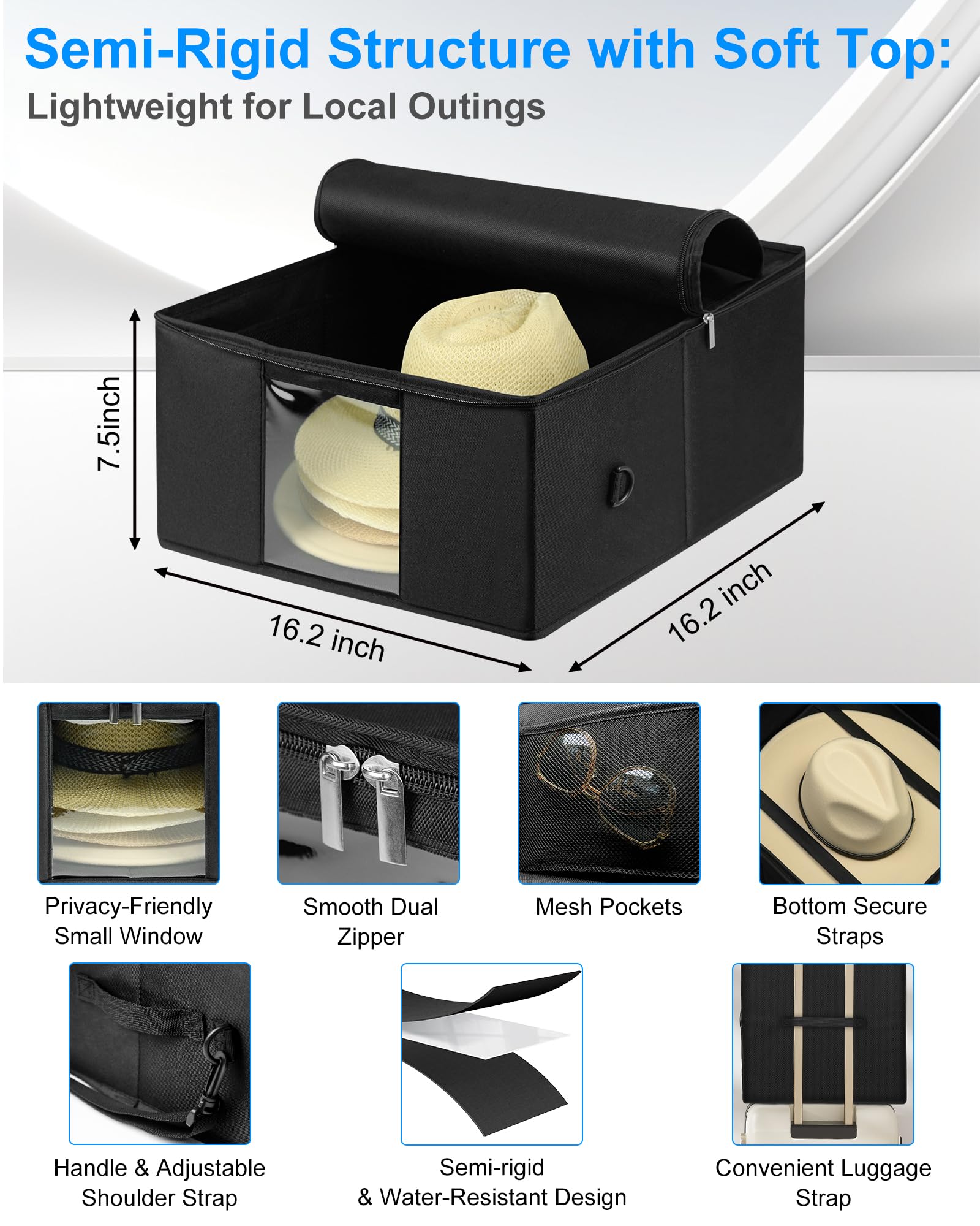 Teraves Large Hat Storage Box For Men & Women Storage, Lightweight Cowboy Hat Travel Case, Stackable & Collapsible, Space Saver