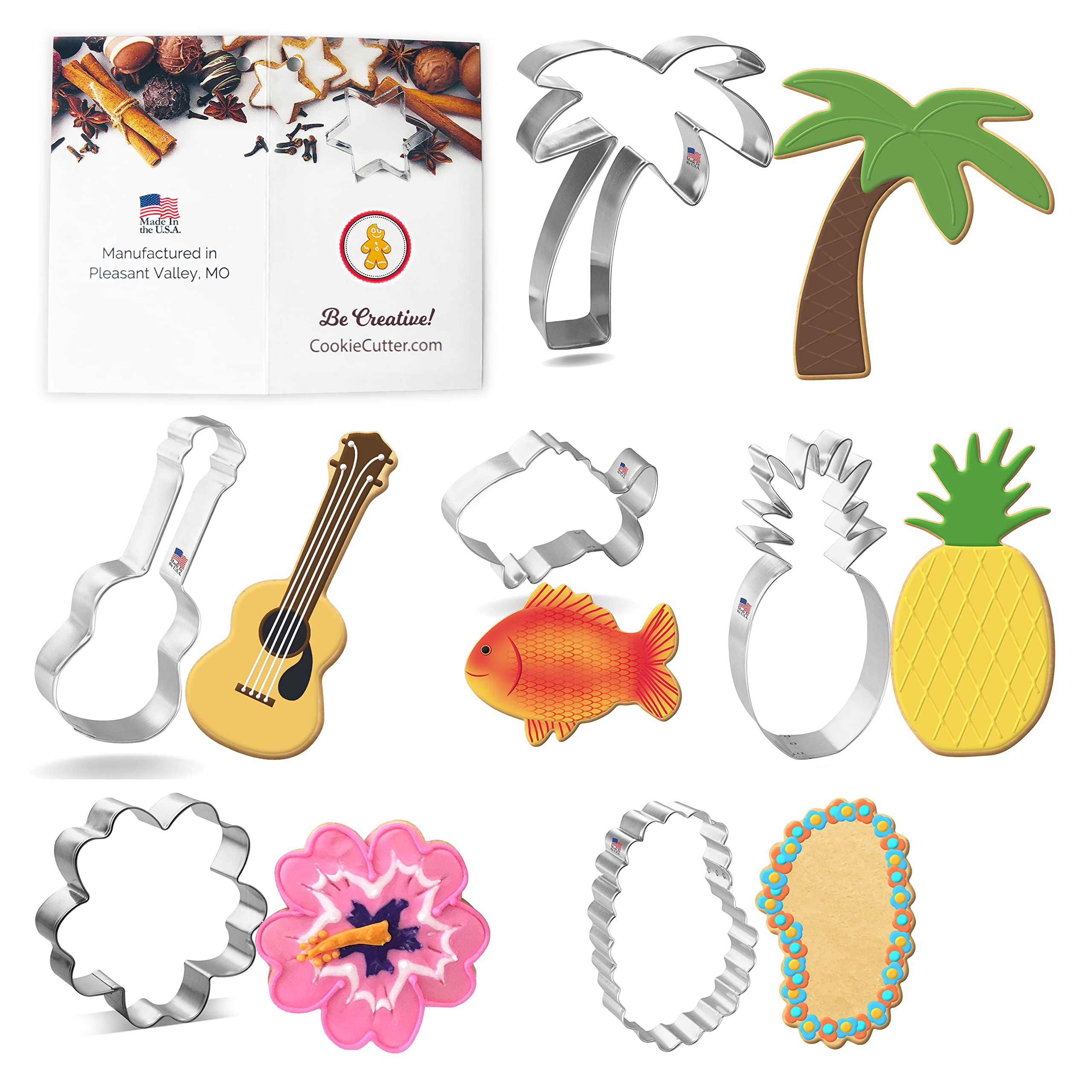 Foose Cookie Cutters 6 Piece Tropical Set 5.25'' Guitar, 5'' Palm Tree, 5.25'' Pineapple, 3.75'' Hibiscus, 3.5'' Fish, 4'' Lei,