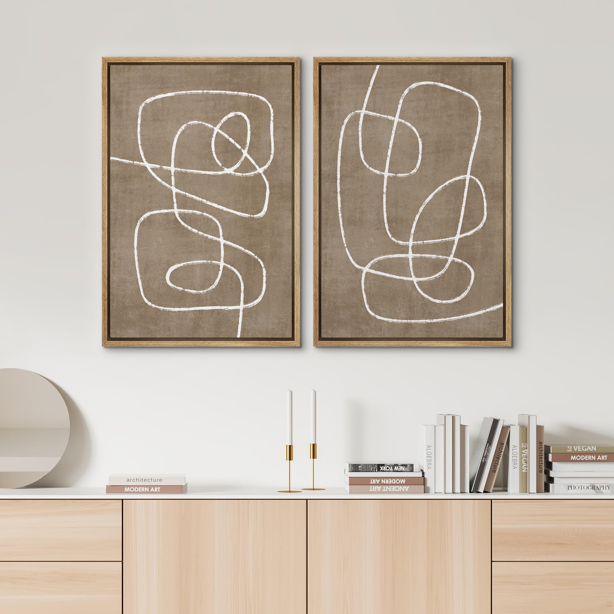 SIGNWIN Framed Canvas Print Wall Art Set Geometric Mid-Century Spiral Collage Abstract Shapes Cozy Neutral Minimal Decorative Nordic Zen Bohemian for Living Room  Bedroom  Office - 24''x36''x2 Natural