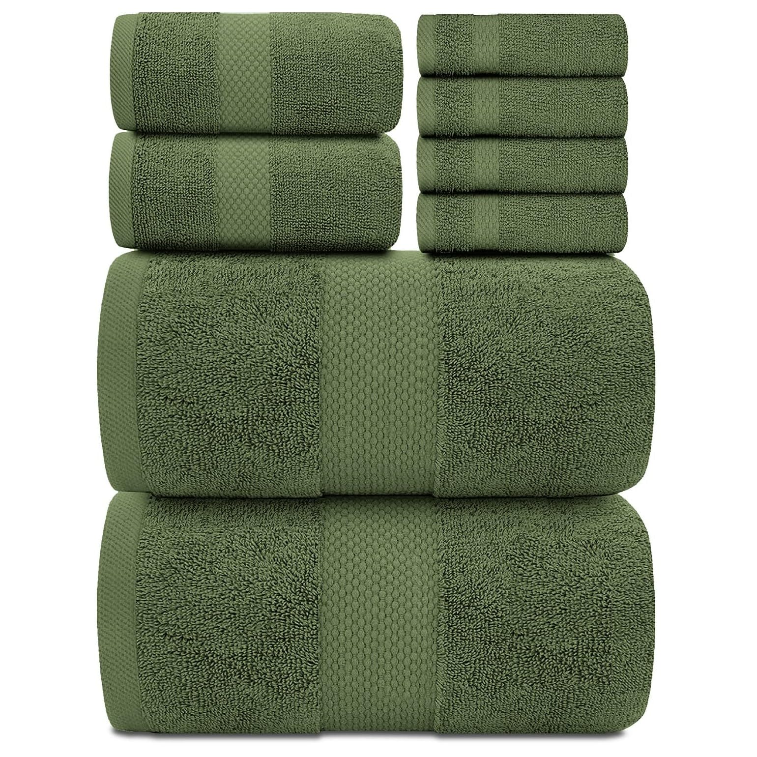 White Classic Luxury Forest Green Bath Towel Set - Combed Cotton Hotel Quality Absorbent 8 Piece Towels | 2 Bath Towels | 2 Hand