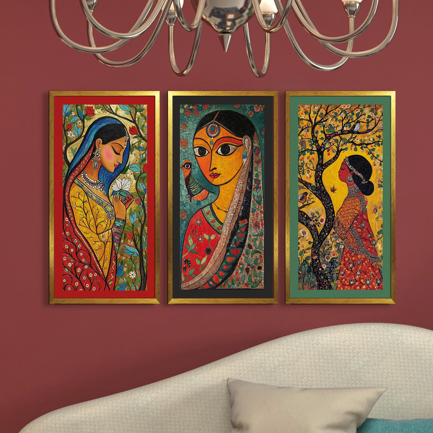 Paper Plane Design Madhubani Paintings For Living Room. Set Of 3 Canvas Wrapped Framed Madhubani Art For Wall Decor. 12 X 24 Inc