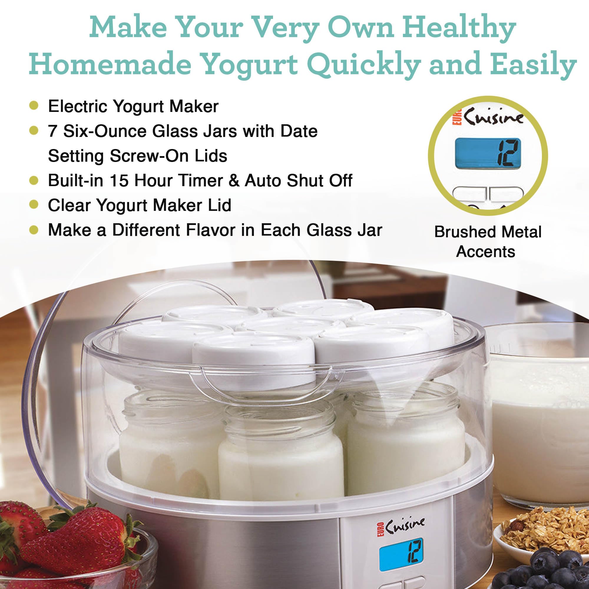 Euro Cuisine Yogurt Maker - YMX650 Automatic Digital Yogurt Maker Machine with Set Temperature - Includes 7-6 oz. Reusable Glass Jars and 7 Rotary Date Setting Lids for Instant Storage