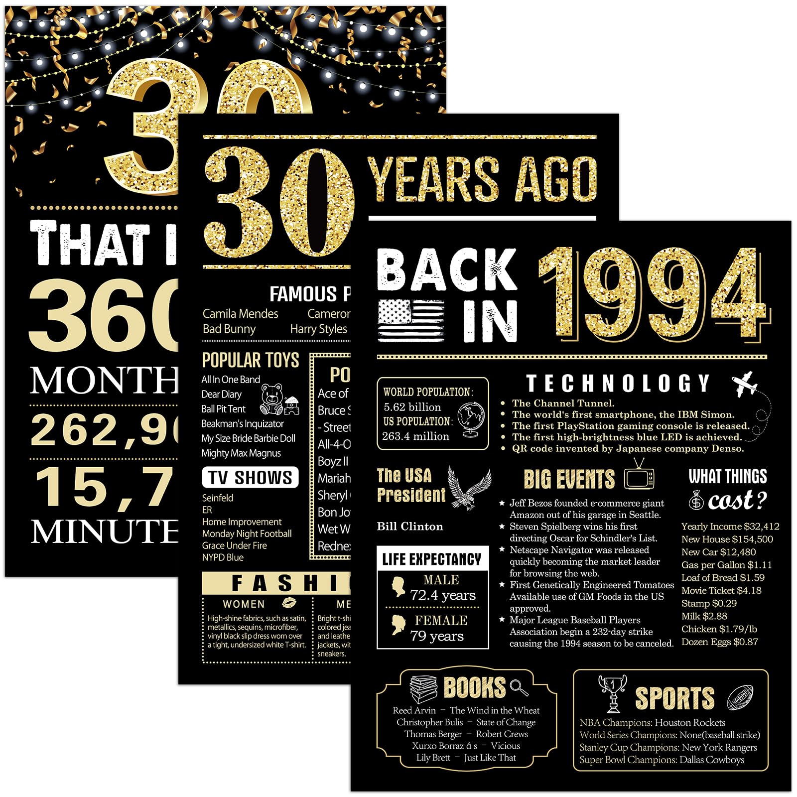 30 Years Ago 30th Birthday Wedding Anniversary Poster 3 Pieces 11 x 14 90s Party Decorations Supplies Large Sign Home Decor Black & Gold Wall Art Prints for Men and Women (Back in 1994-30 Years)
