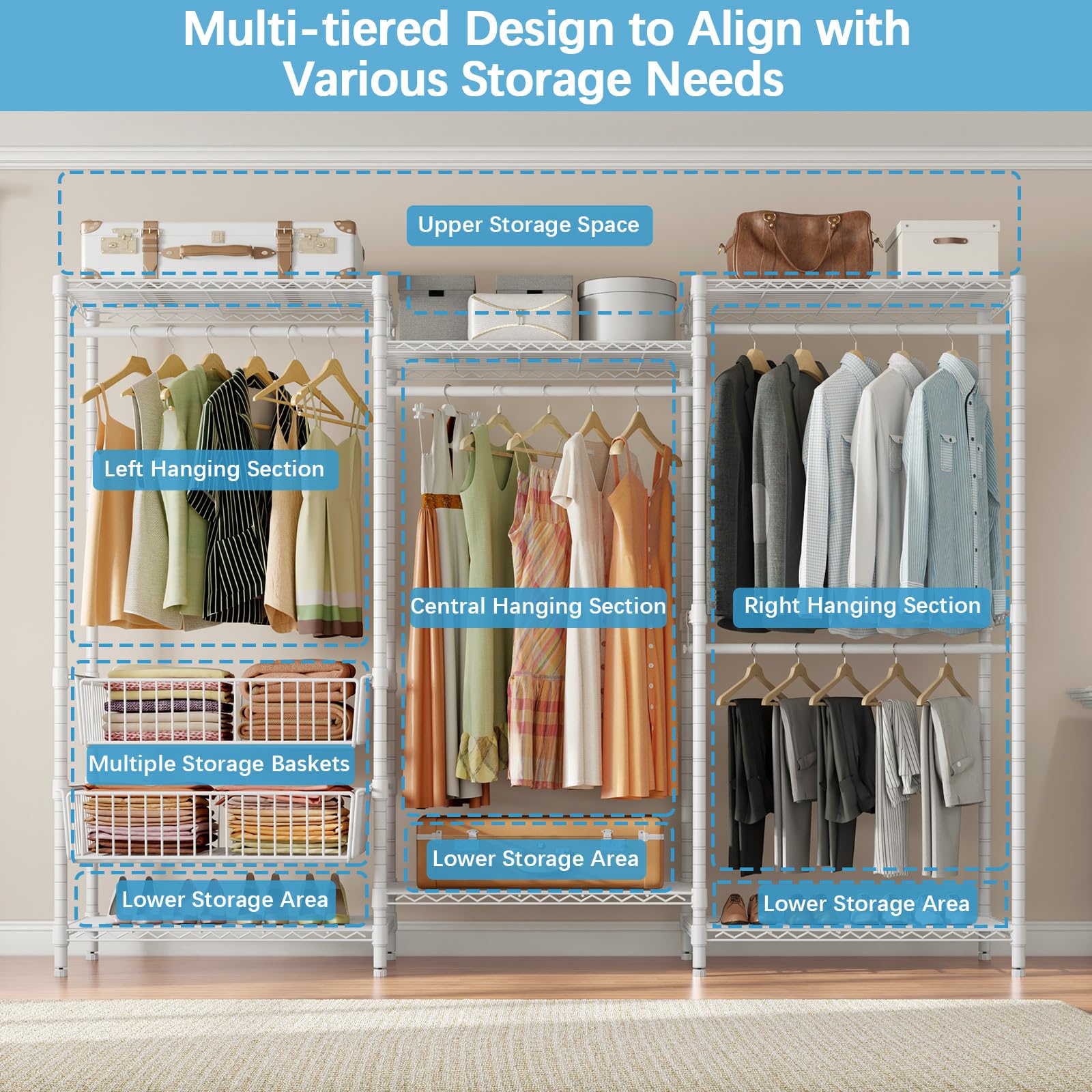 VIPEK V10 Wire Garment Rack 5-Tiers Heavy Duty Clothes Rack Large Size Clothing Rack with 4 Hanging Rods  6 Wire Shelves and 2 Slid Baskets  85.8 '' W x 15.7 '' D x 76.4 '' H  Max Load 800 LBS  White