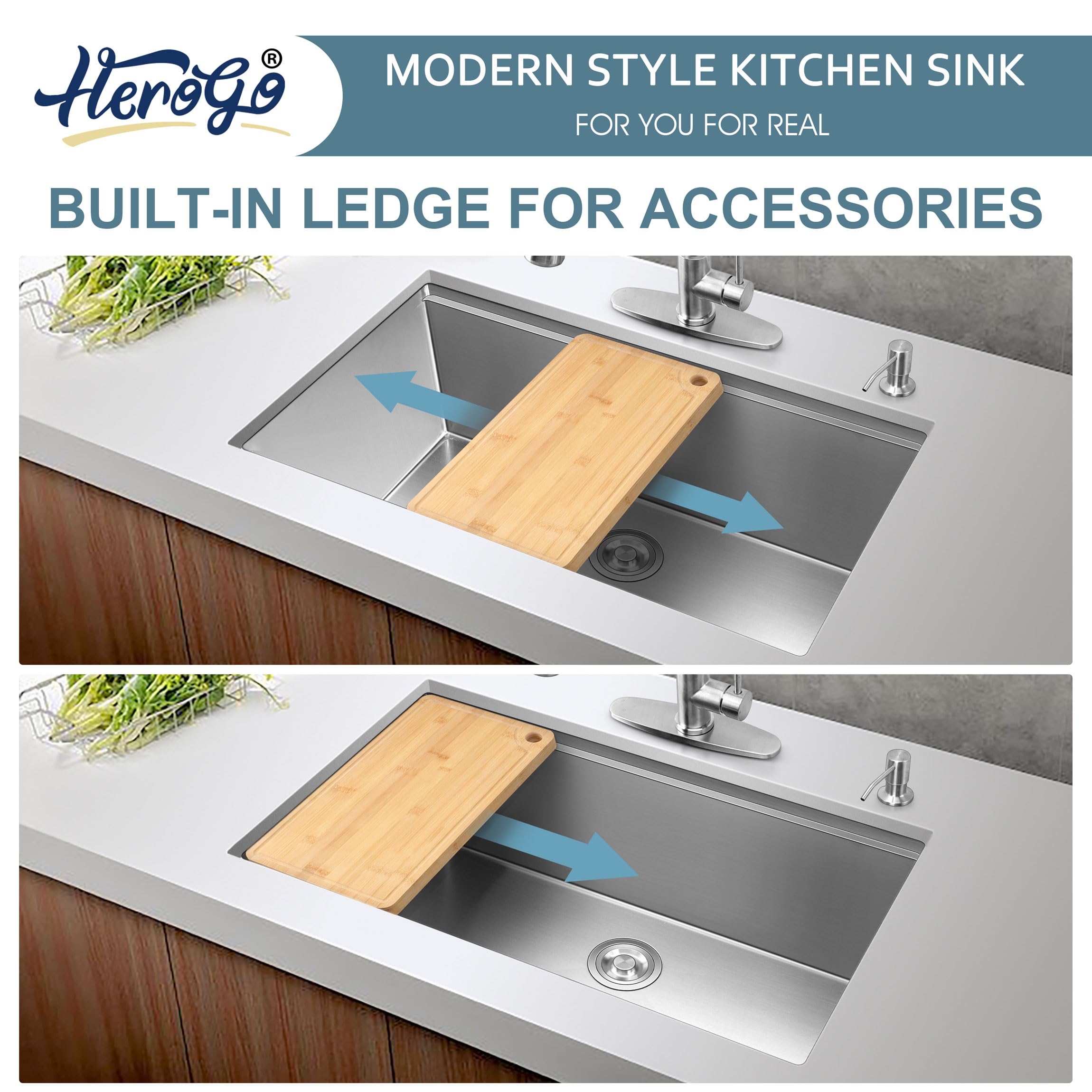 Herogo 33X19Inch Undermount Kitchen Sink, Stainless Steel Single Bowl Kitchen Workstaion Sink Basin, Handmade 10'' Deep Kitchen