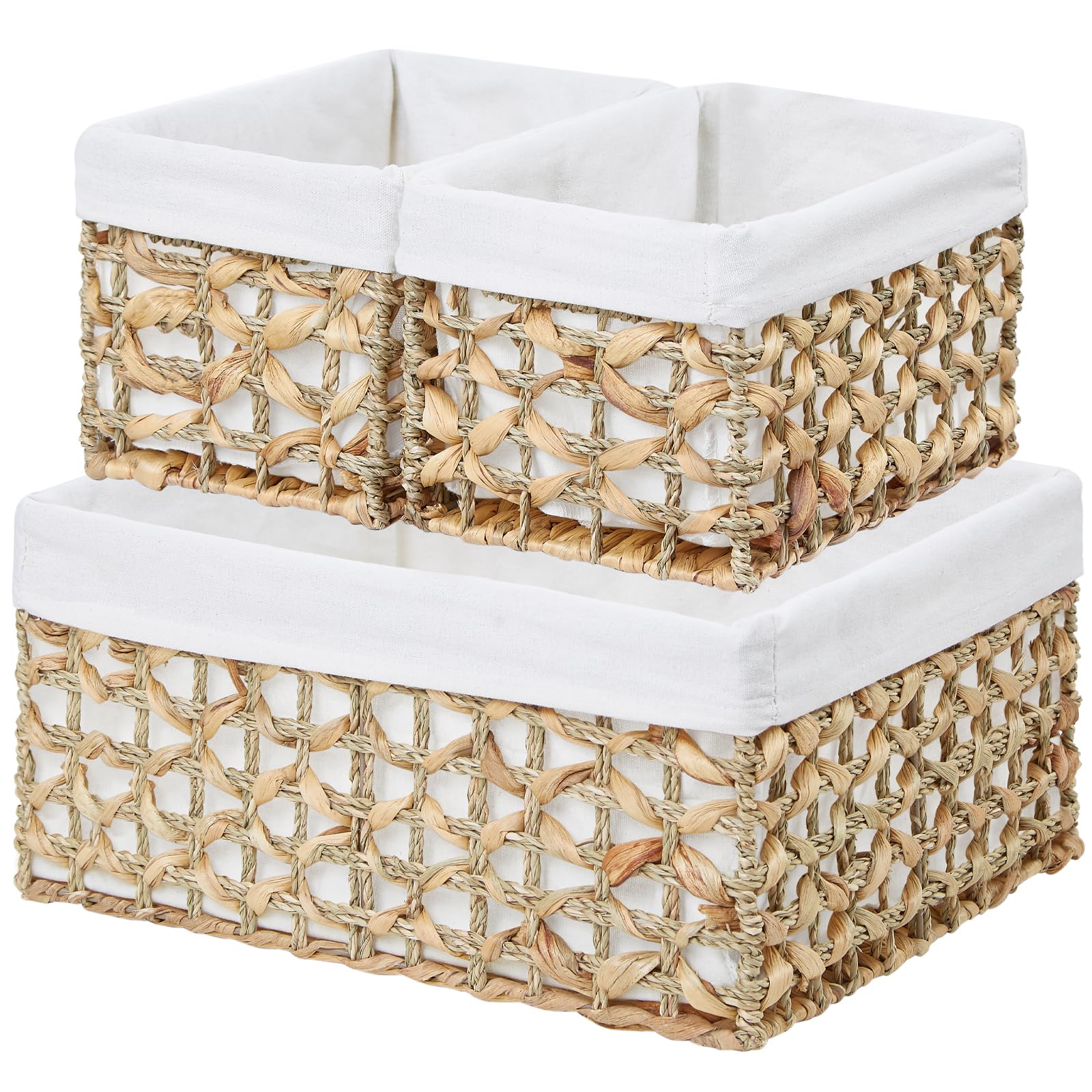 Vagusicc Wicker Basket, Set Of 3 Hand-Woven Water Hyacinth Storage Baskets For Organizing, Large Wicker Storage Basket Bins With