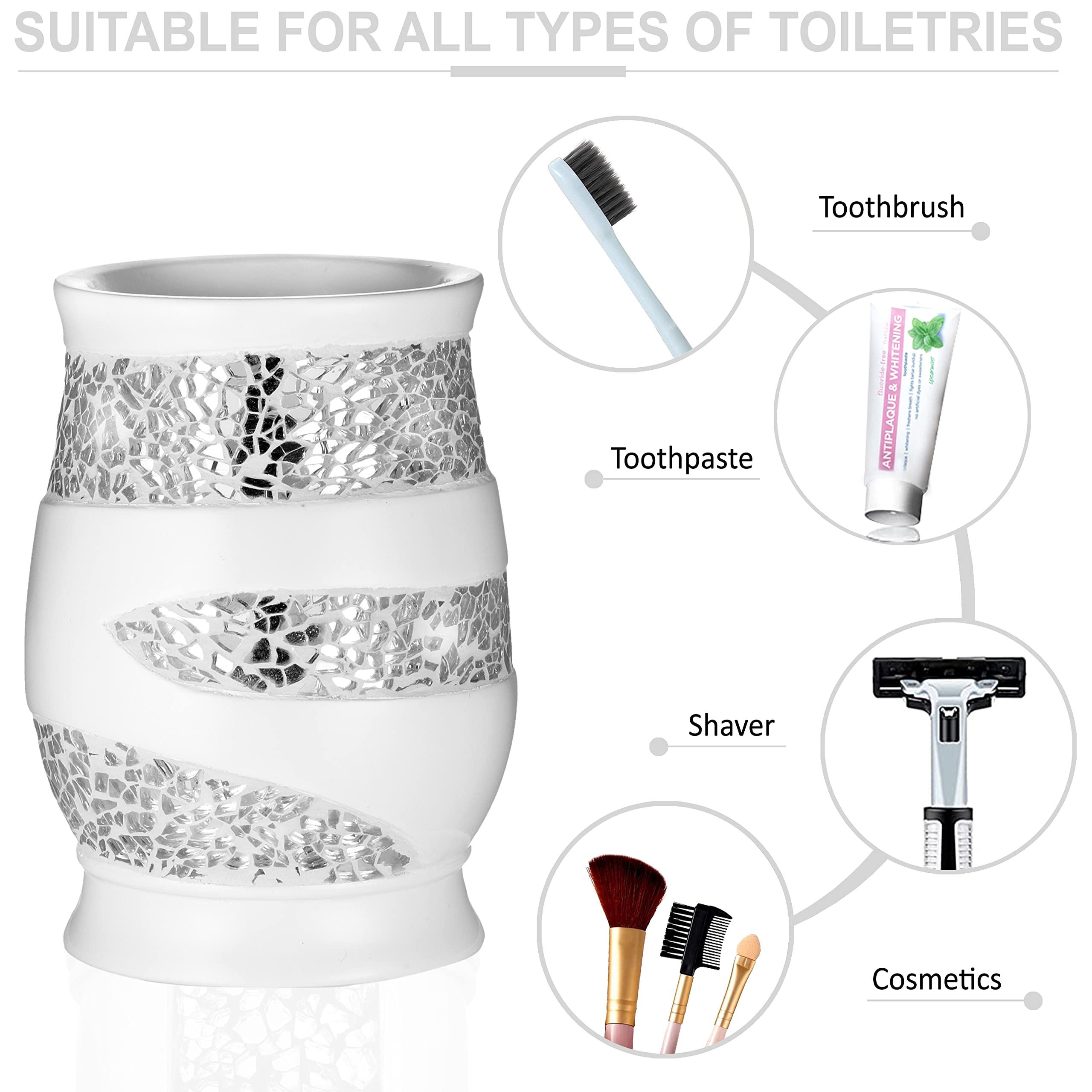 Zahari Home 4pc Sinatra Stylish Bathroom Accessories Set White Soap Dispenser  Tumbler  Tooth Brush Holder and Soap Dish Modern Classic Luxury Decor Bling Mosaic Glass White Bathroom Accessories