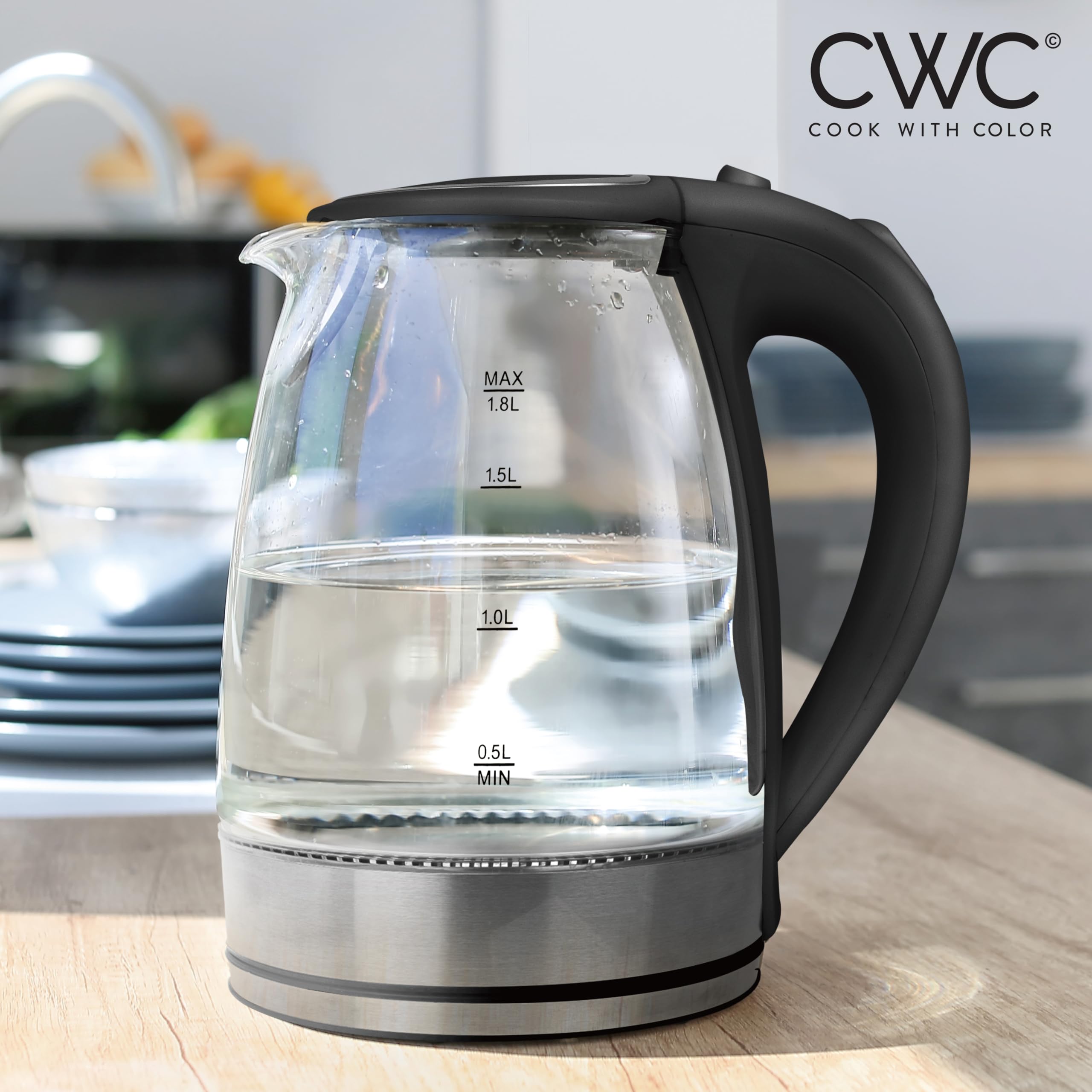 Cook With Color Glass Electric Kettle 1.8L - Rapid Boil, Sleek Design, And Safety Features - Great For Quick And Easy, Black