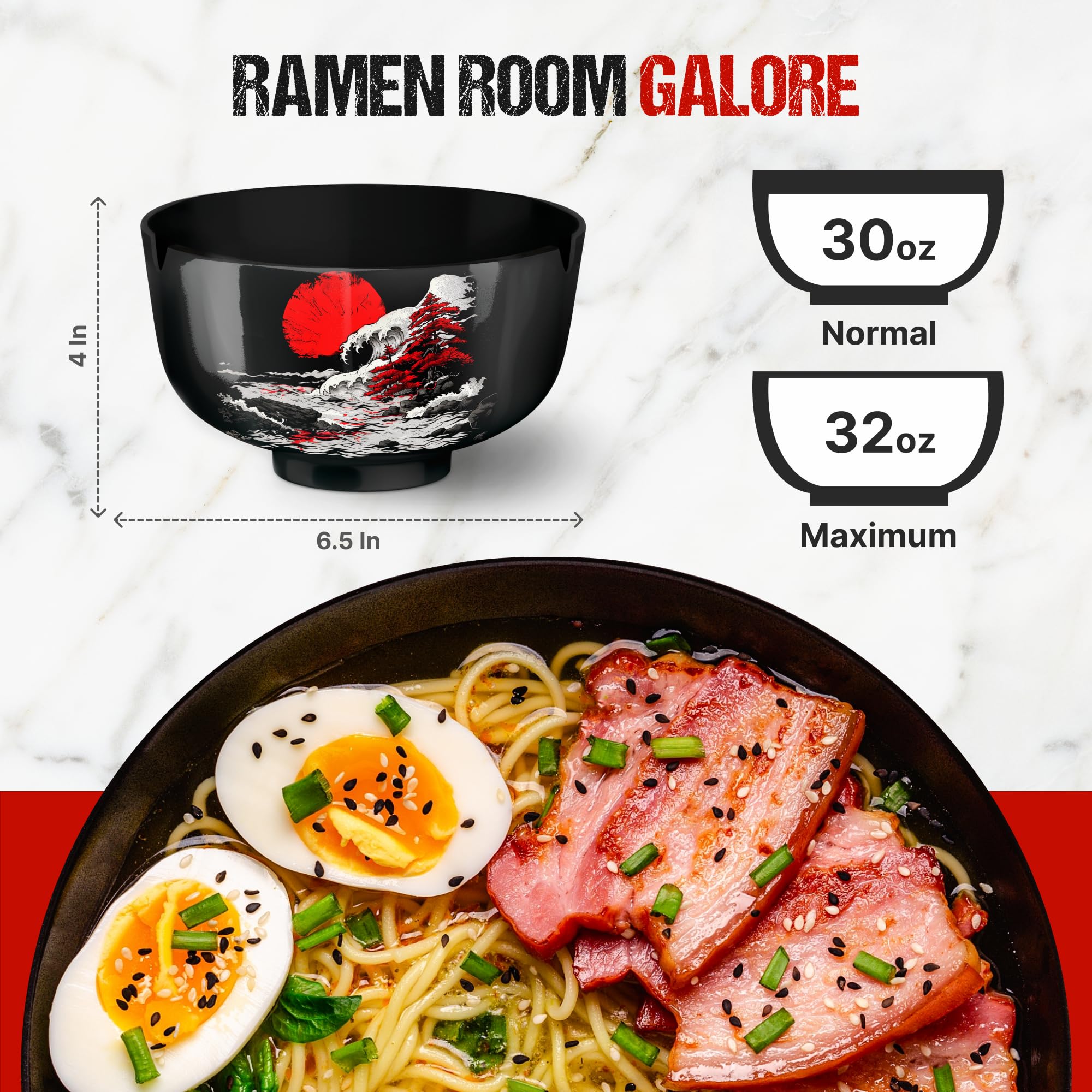 I2 Home Japanese Ramen Bowl Set Of 1-5 Pcs, 32 Oz Ceramic Microwaveable & Dishwasher Safe Large Noodle Bowl With Lid & Built-In