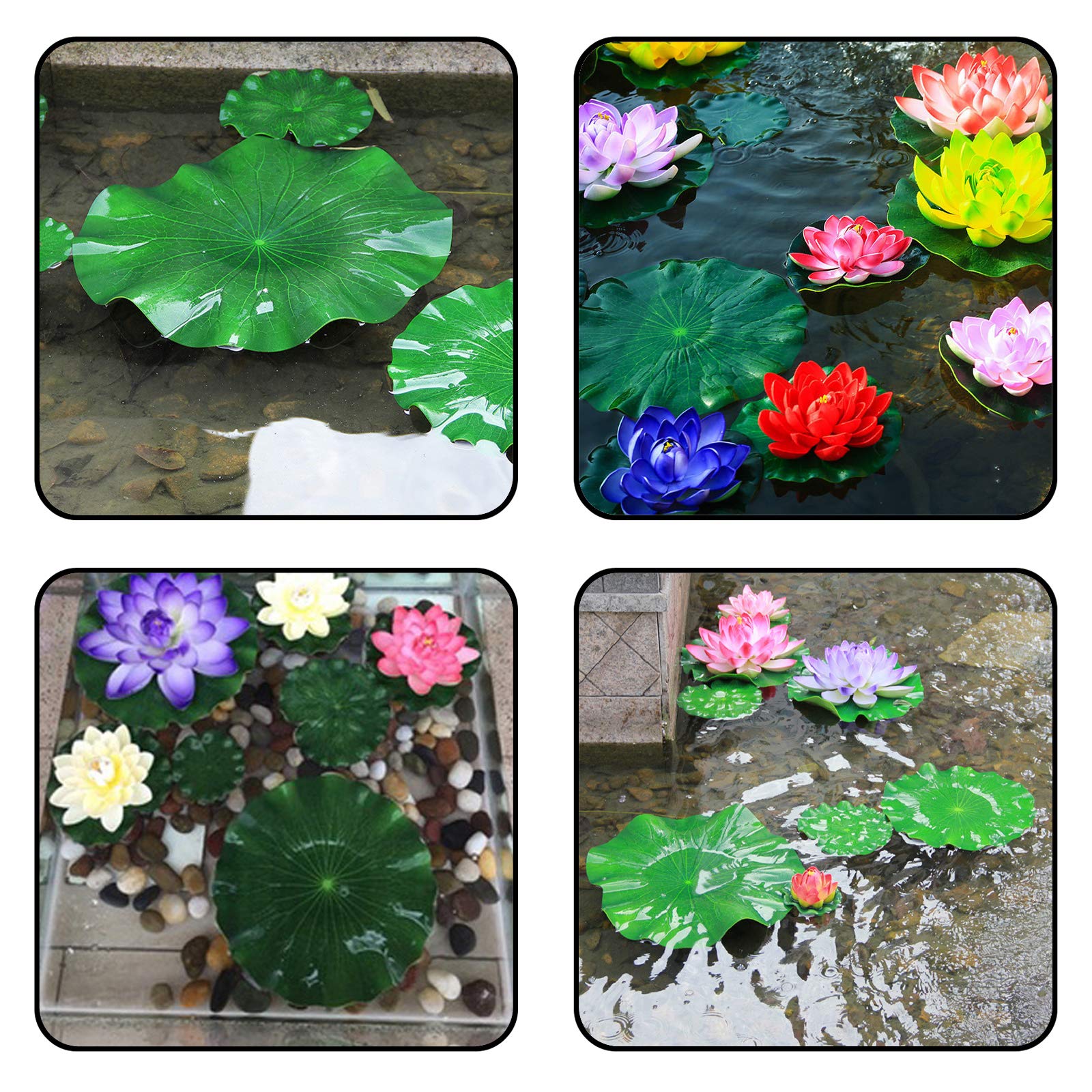 PietyPet 10pcs Floating Foam Lotus Flowers with Artificial Frog Lotus Leaves, Lily Pads for Lake, Artificial Pond Plants Ornamen