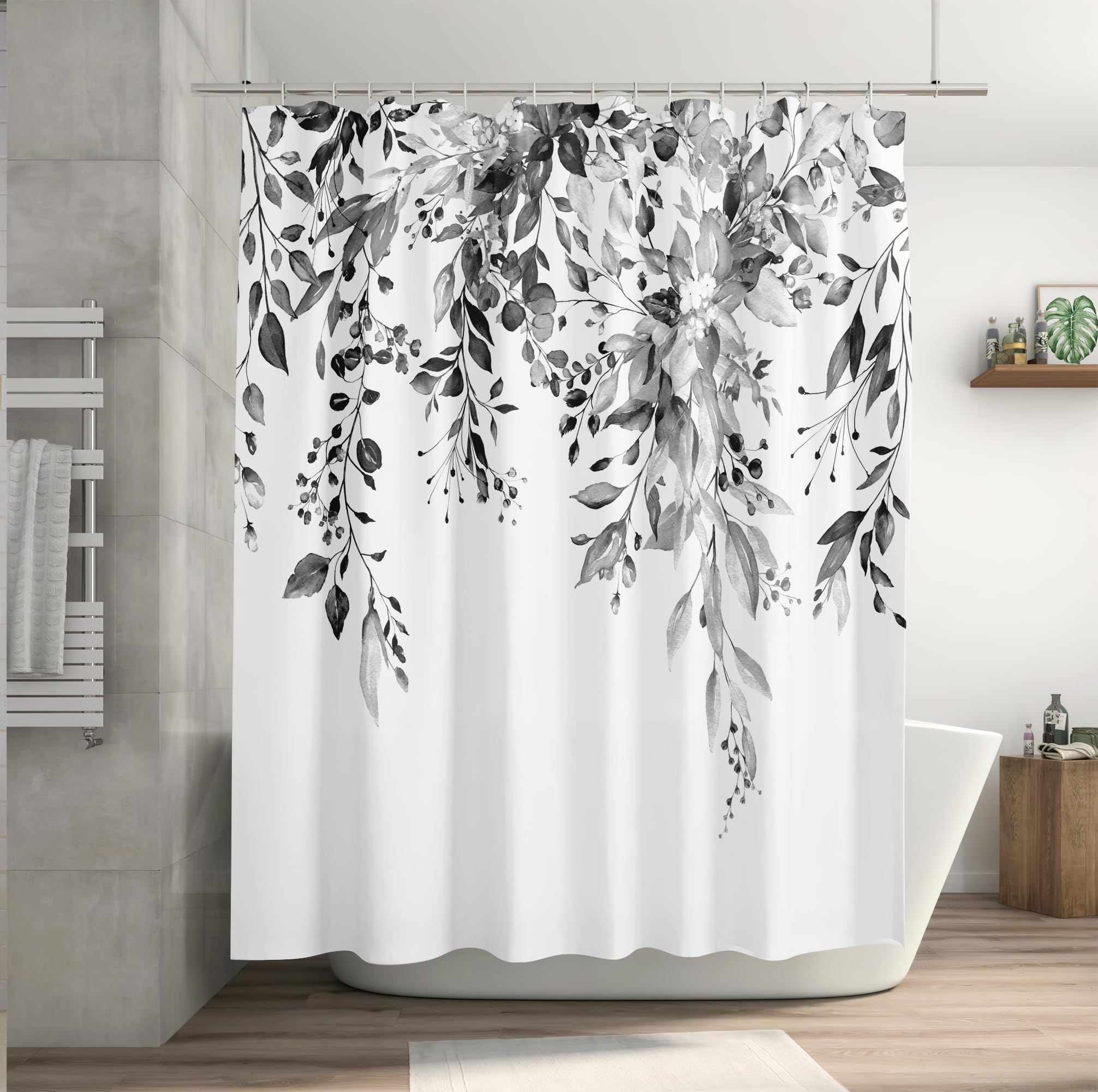 Bivinar Black And White Eucalyptus Leaves Shower Curtain, Watercolor Plant Floral Bathroom Shower Curtain, Fabric Waterproof Bot