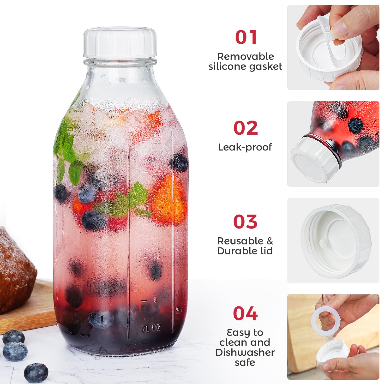 Dwbligt 32 Oz Reusable Glass Milk Bottles With Silicone Dispenser Cap, 2 Pack Glass Jars With Airtight Screw Lid, Leak Proof Gla