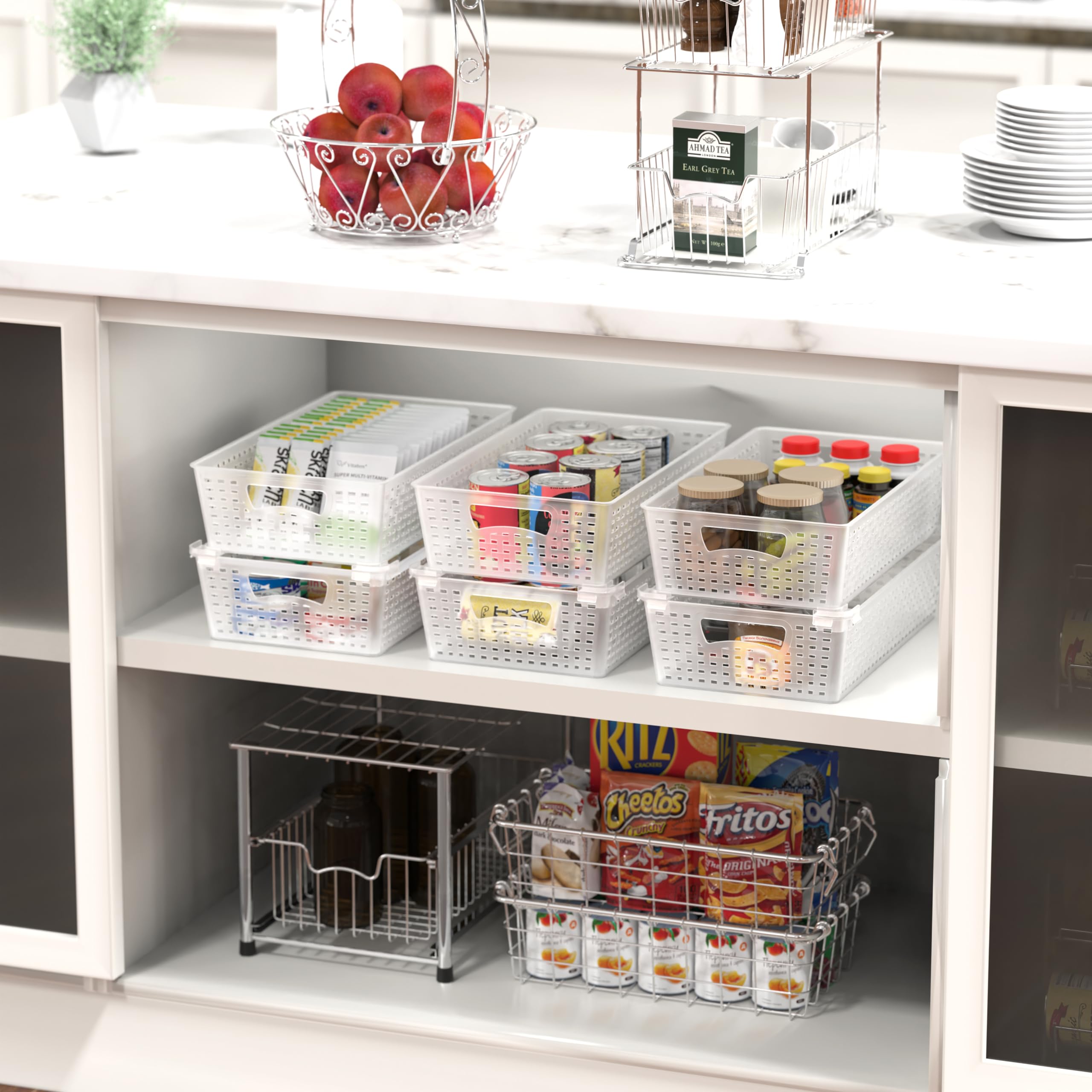 Simple Houseware Stackable Plastic Woven Basket Organizer, 6 Pack, 14.5'' X 8.5'' X 3.5'', Clear
