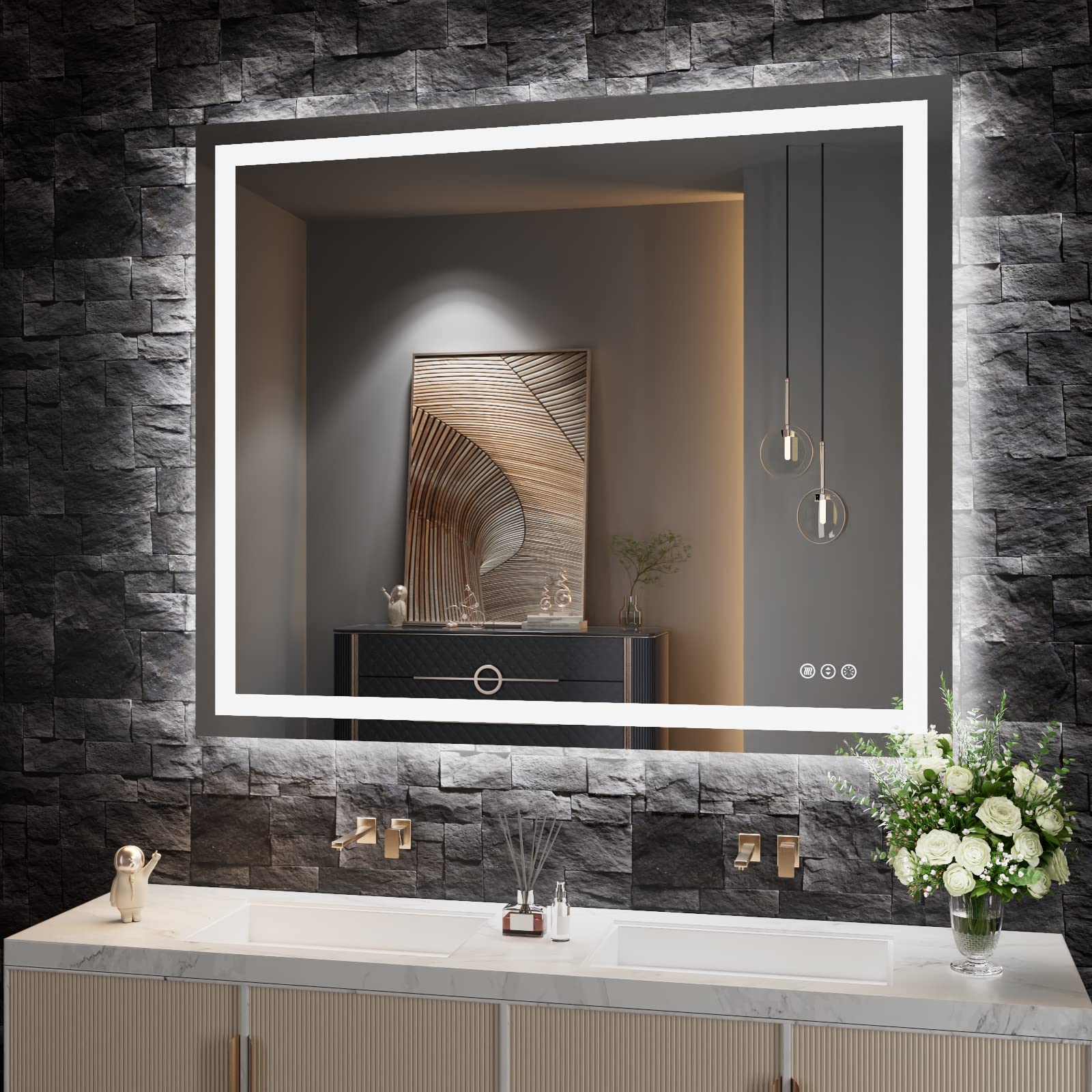 Amorho Led Bathroom Mirror 48''X 40'' With Front And Backlit, Stepless Dimmable Wall Mirrors With Anti-Fog, Shatter-Proof, Memor