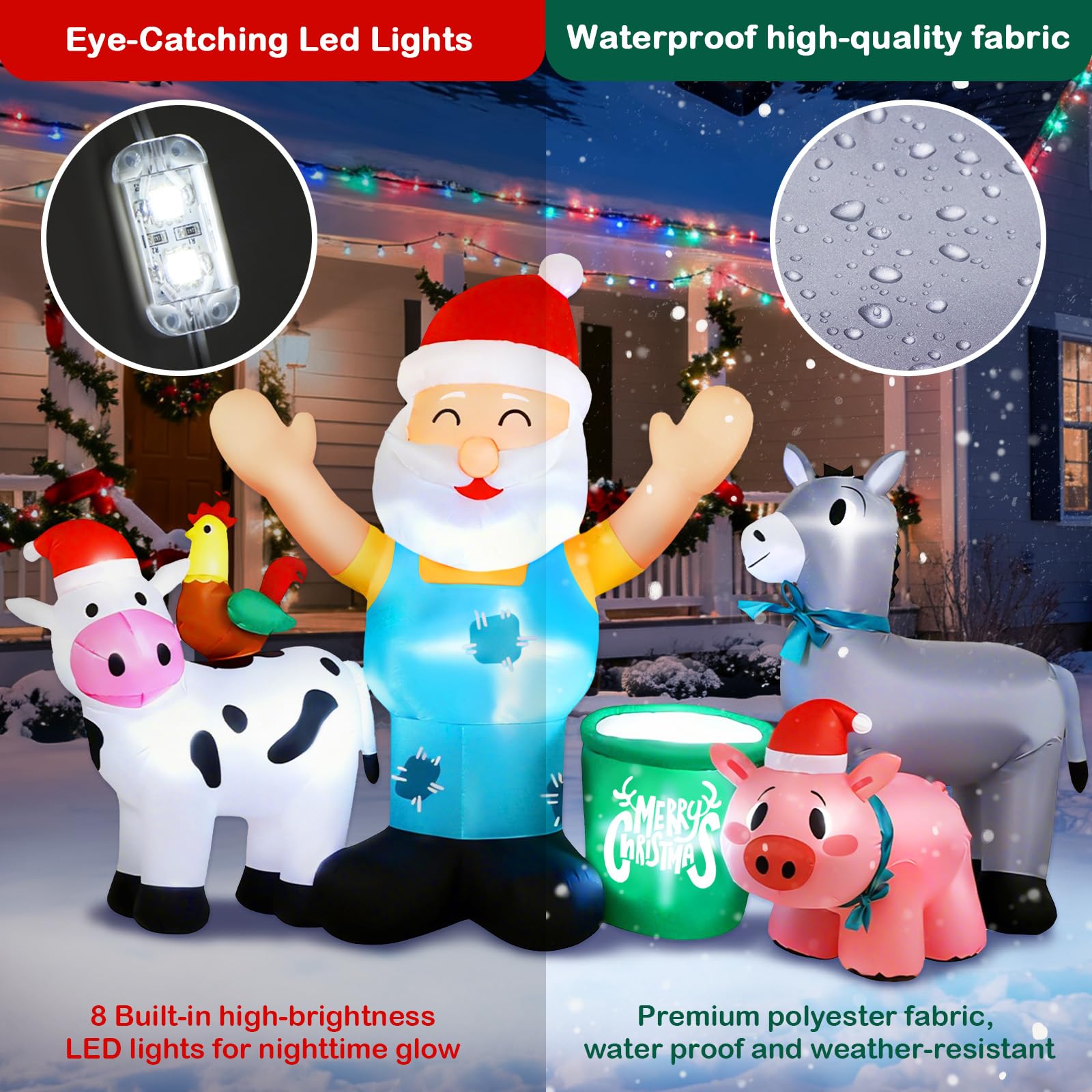 Zeepair Christmas Inflatables 8FT Santa Farm Animals with LED Lights - Multicolor Polyester Yard Decoration